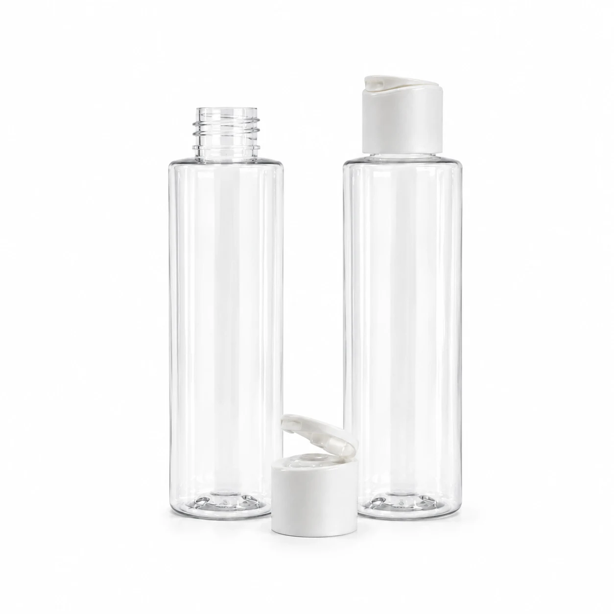 Hohe transparente Kunststoffflasche, mattschwarzer Flip-Top-Verschluss, 100 ml