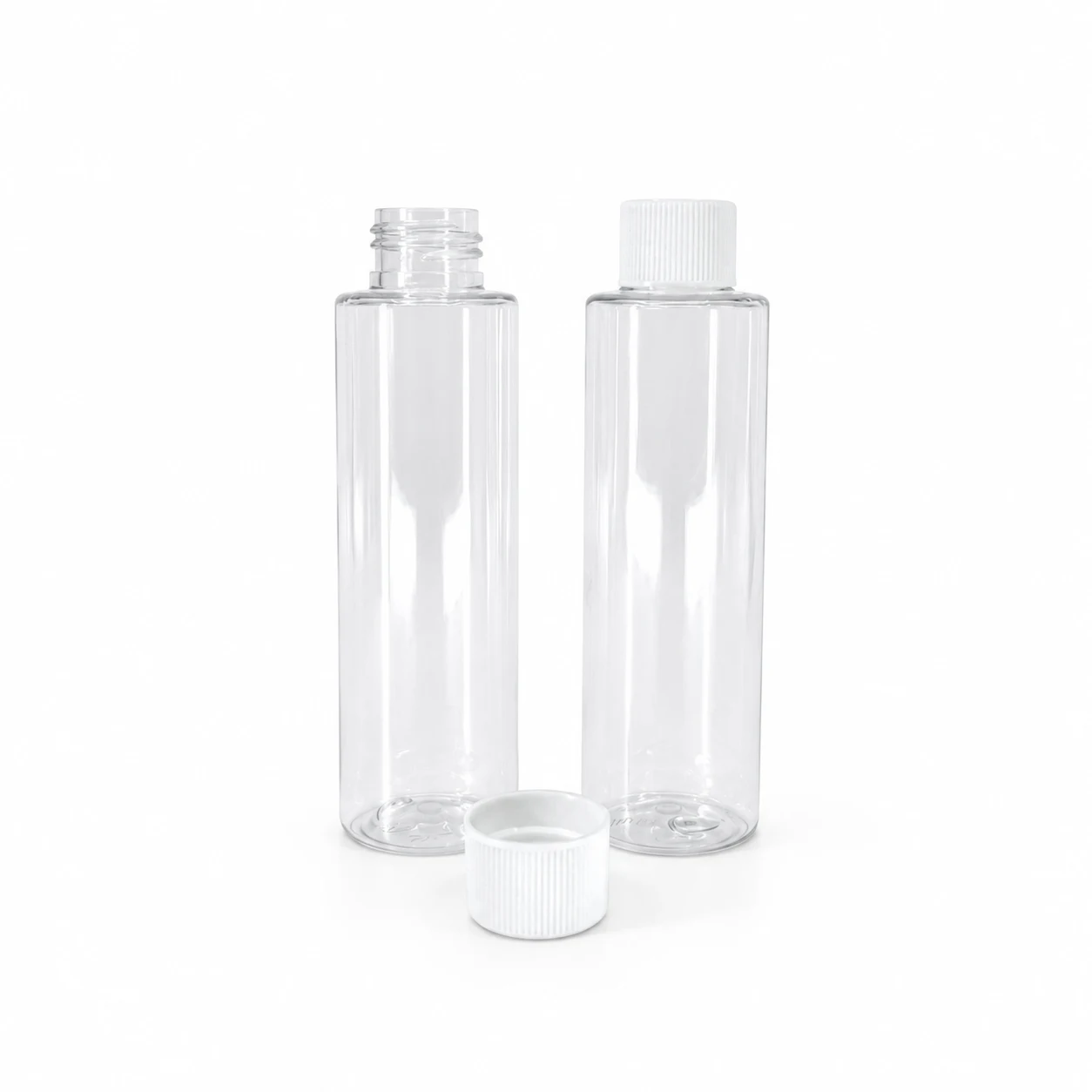 Plastová fľaša priehľadná, vysoká, biely vrchnák, 100 ml