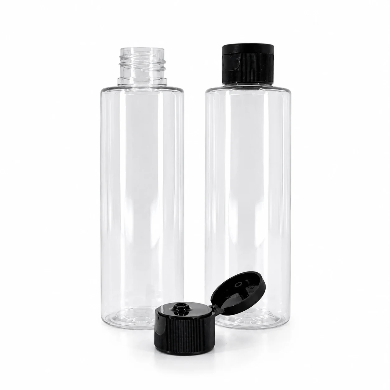 Hohe Kunststofffläschchen, transparent, Flip-Top-Verschluss schwarz, 100 ml