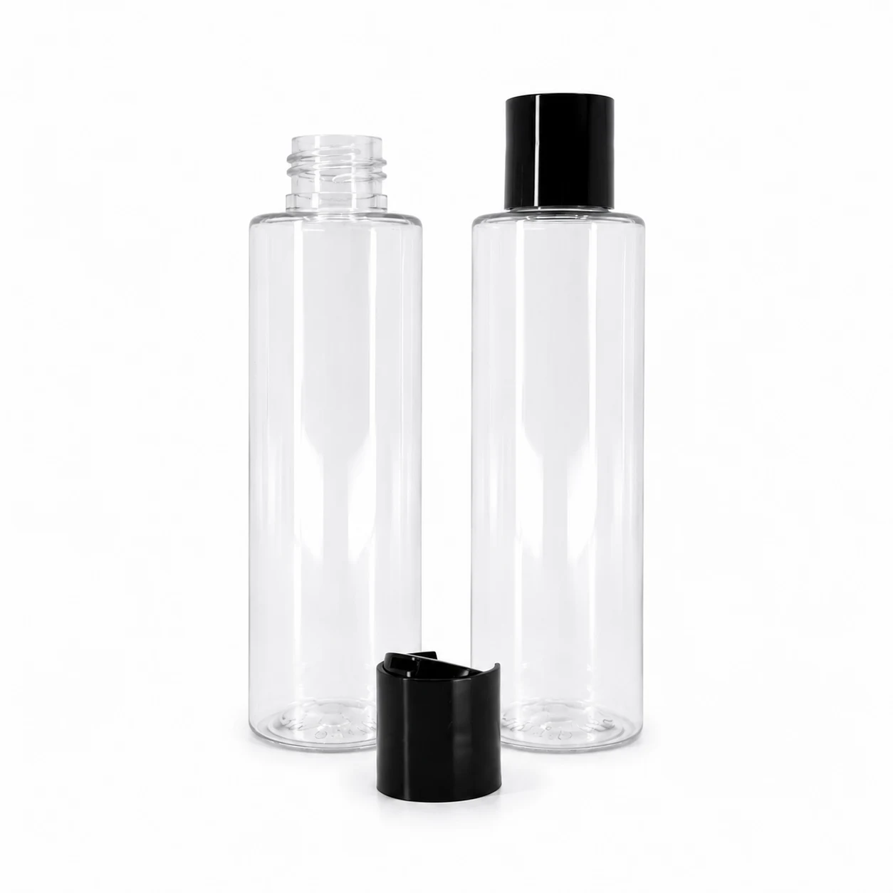 Plastová fľaša priehľadná, vysoká, disc top čierny, 100 ml