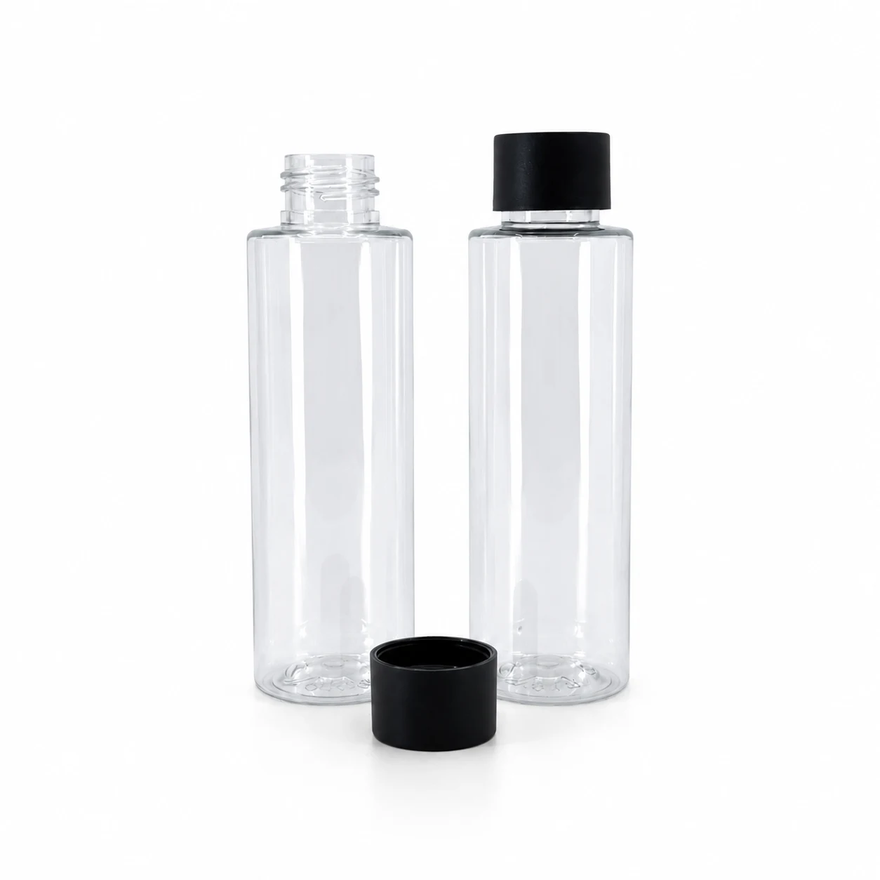 Transparente Kunststofffläschchen, hoch, 24/410, matter schwarzer Verschluss, 100 ml