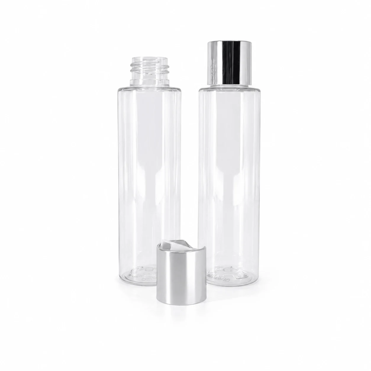 Plastová fľaša priehľadná, vysoká, strieborný disc top, 100 ml