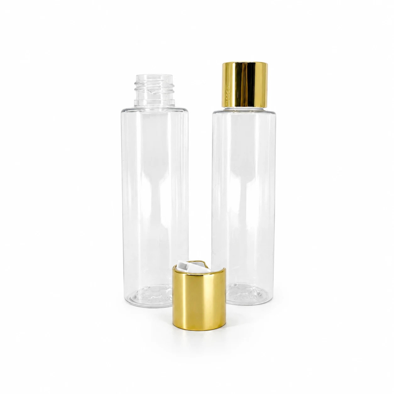 Plastová fľaša priehľadná, vysoká, disc top vrchnák, zlatý, biely stred, 100 ml