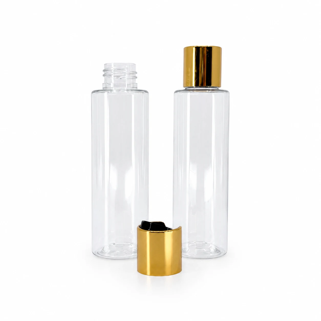Kunststofffläschchen, transparent, schwarzer Disc-Top-Verschluss mit goldenem Ring, 100 ml