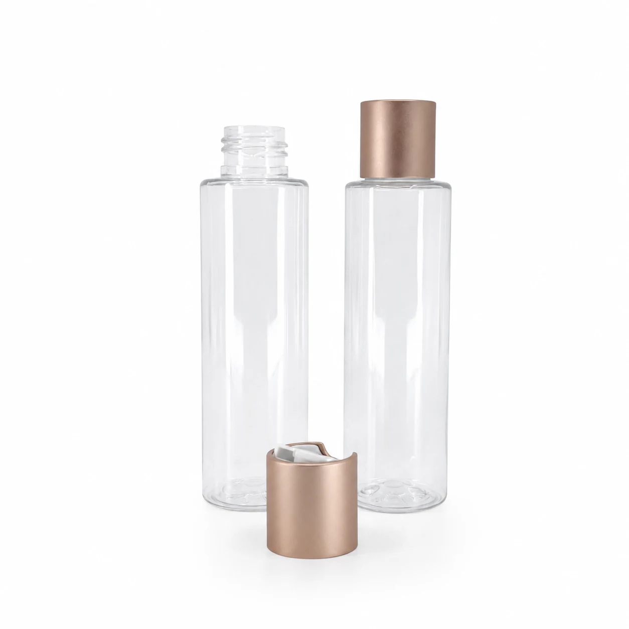 Plastová fľaša priehľadná, vysoká, disc top vrchnák, ružovo-zlatý matný, 100 ml