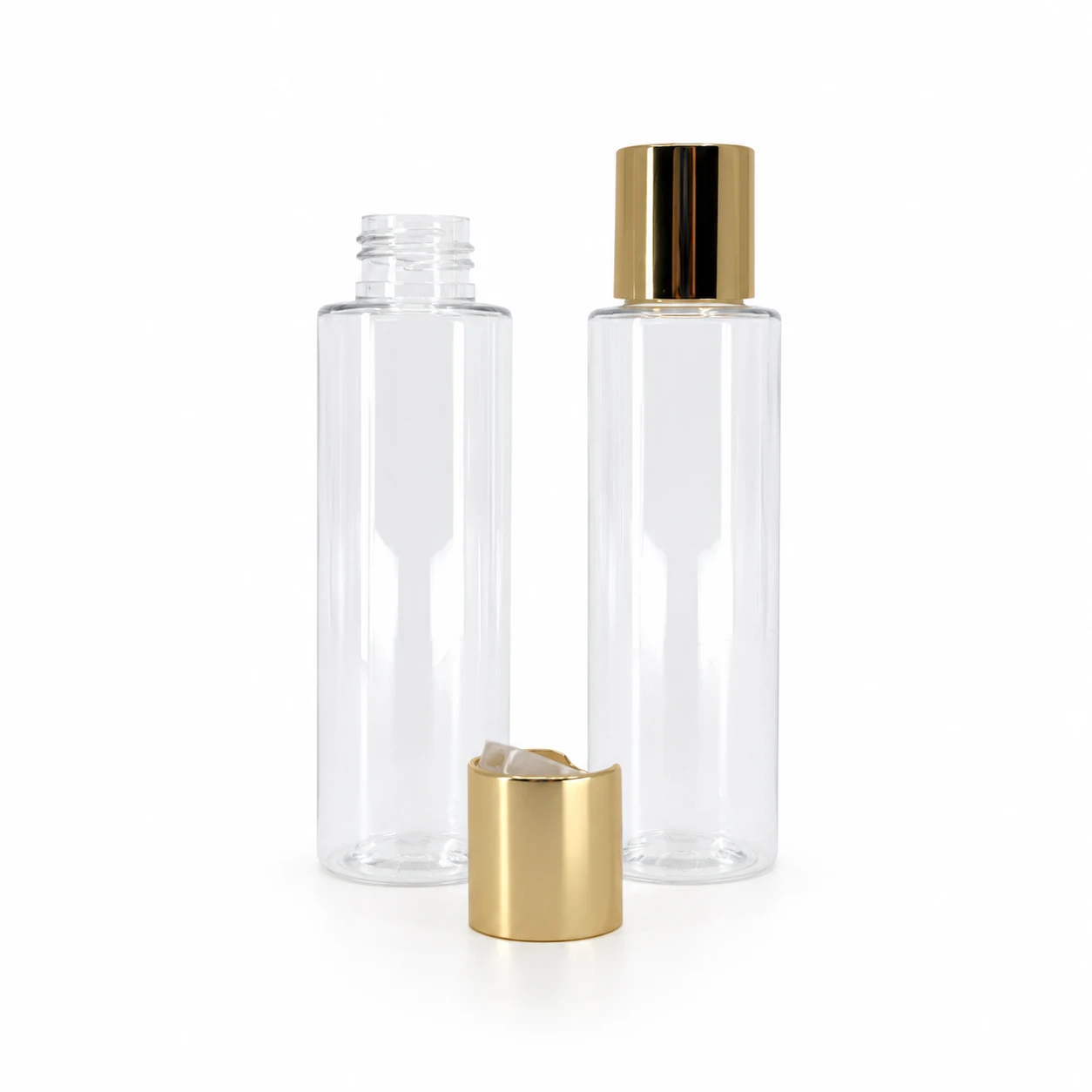 Plastová fľaša priehľadná, vysoká, zlatý disc top, 100 ml