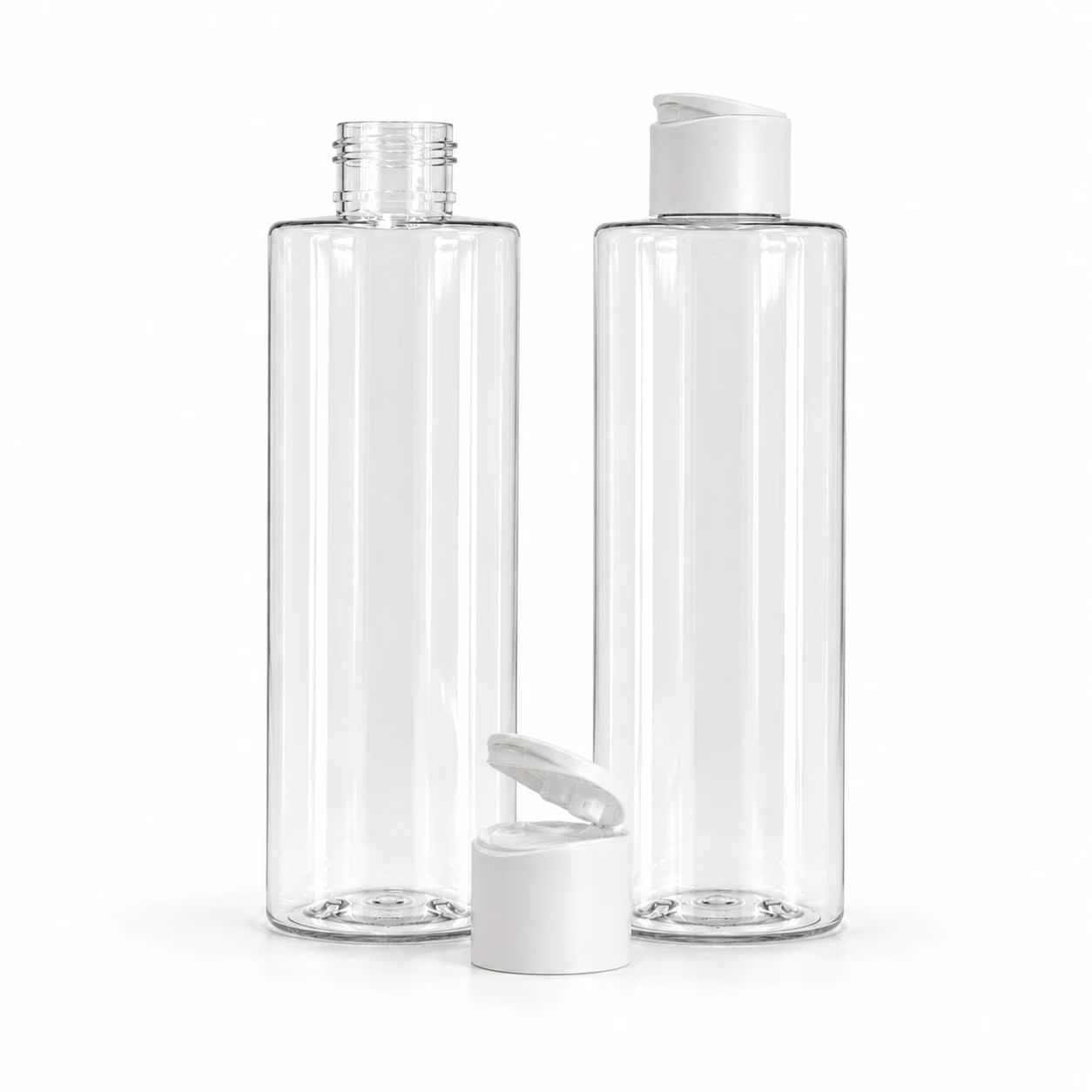 Kunststoffflasche, transparent, matter weißer Flip-Top-Verschluss, 150 ml
