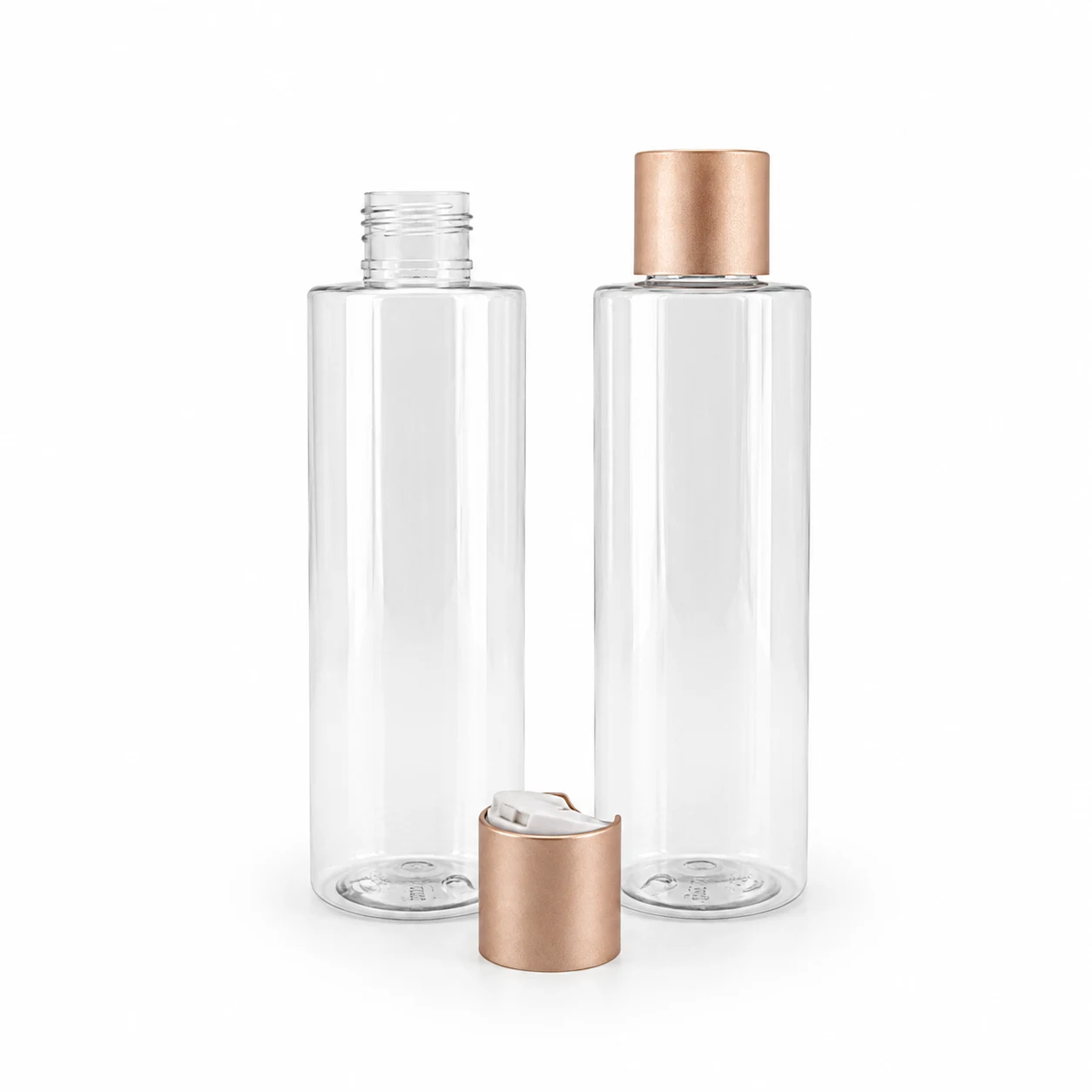 Plastová fľaša priehľadná, disc top vrchnák, ružovo-zlatý matný, 150 ml