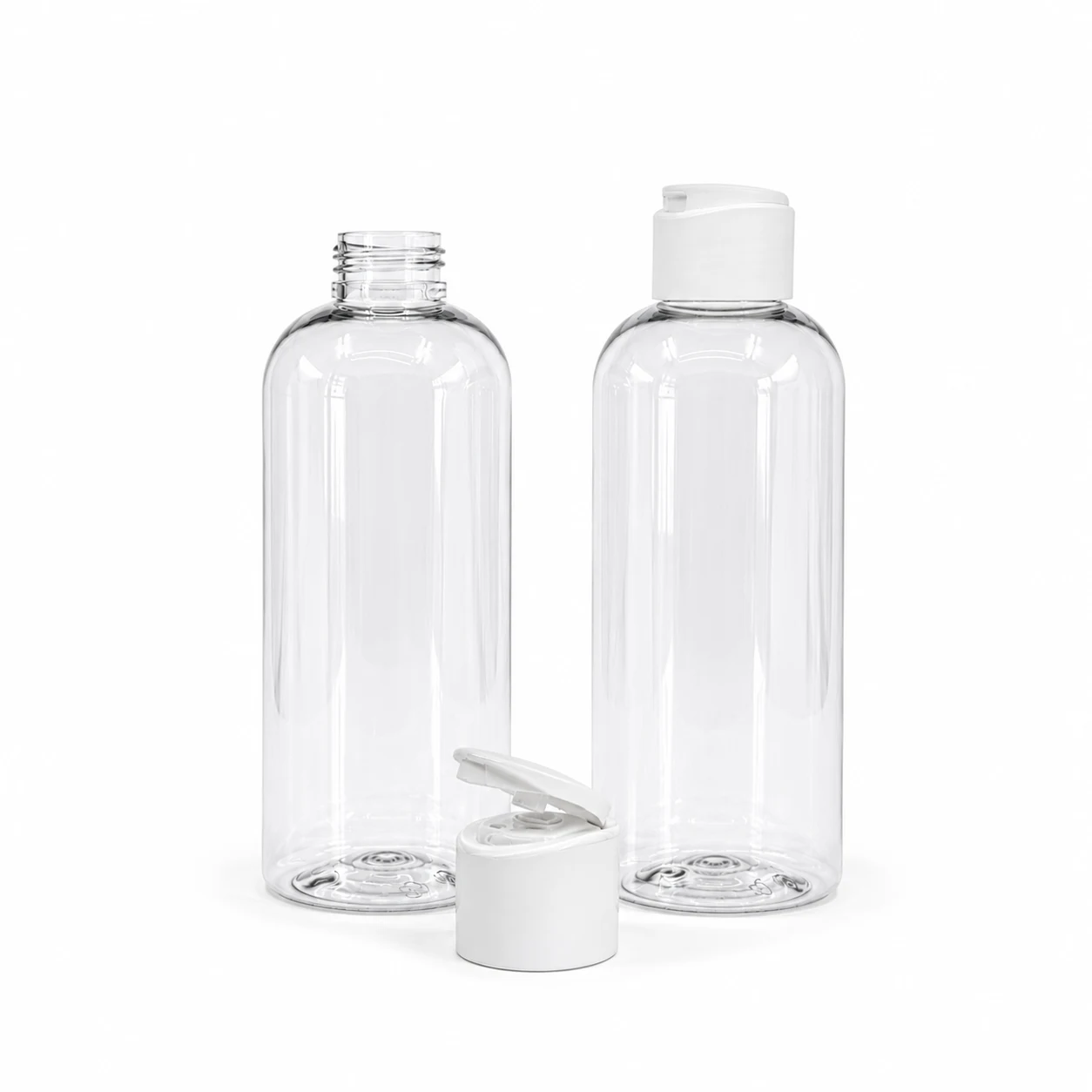 Transparente Kunststoffflasche, matter weißer Flip-Top-Verschluss, 150 ml