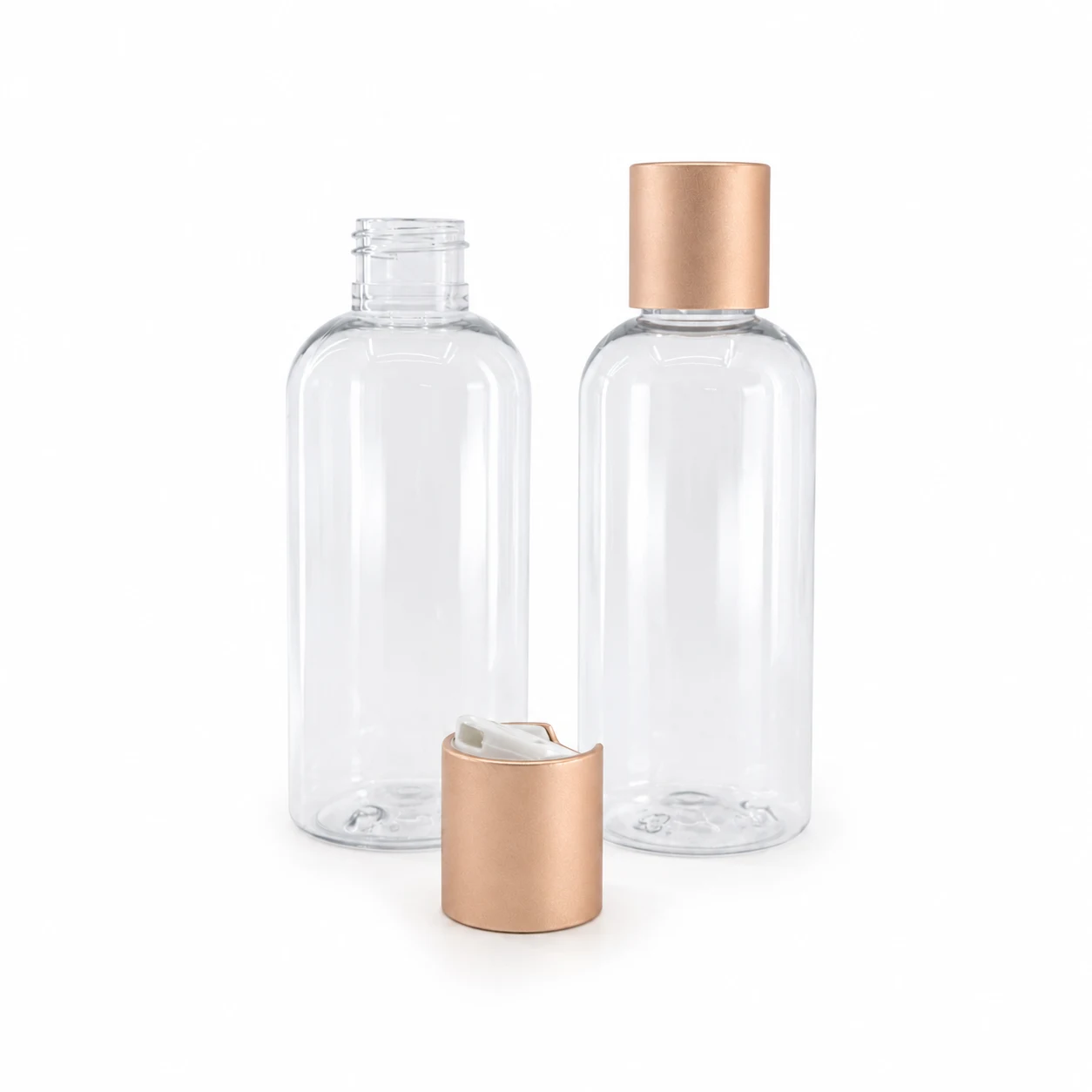 Runde transparente Kunststoffflasche, weißer Kunststoff-Disc-Top mit mattem Roségold-Aluminiumkragen, 150 ml