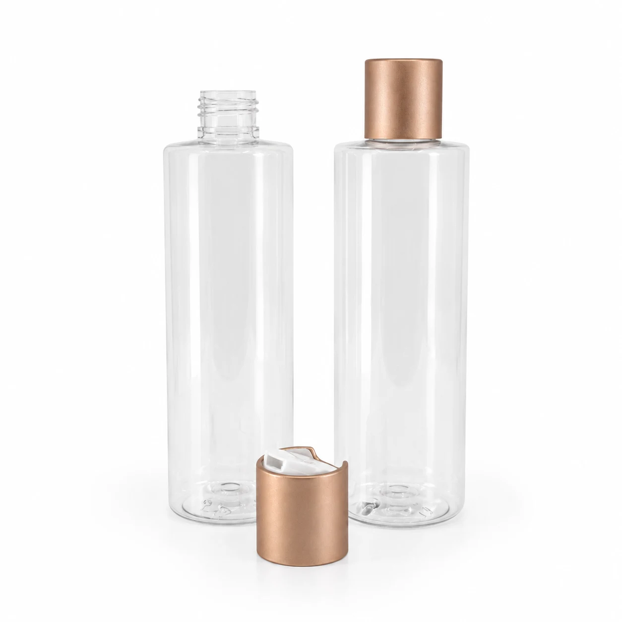 Plastová fľaša priehľadná, disc top vrchnák, ružovo-zlatý matný, 200 ml