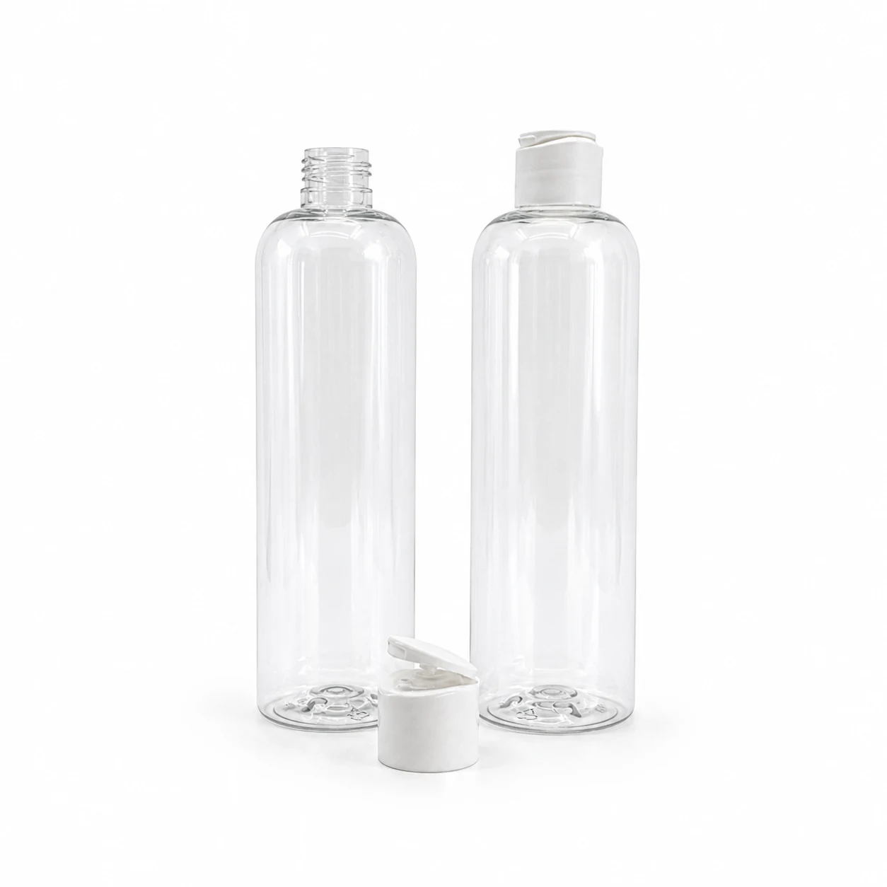 Kunststoffflasche, transparent, mattweißer Flip-Top-Verschluss, 200 ml