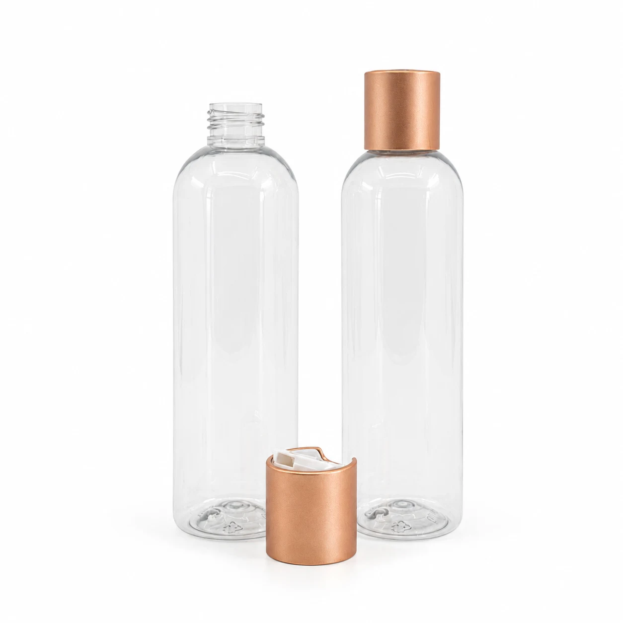Runde klare Kunststoffflasche, Disc-Top-Verschluss, mattes Roségold, 200 ml