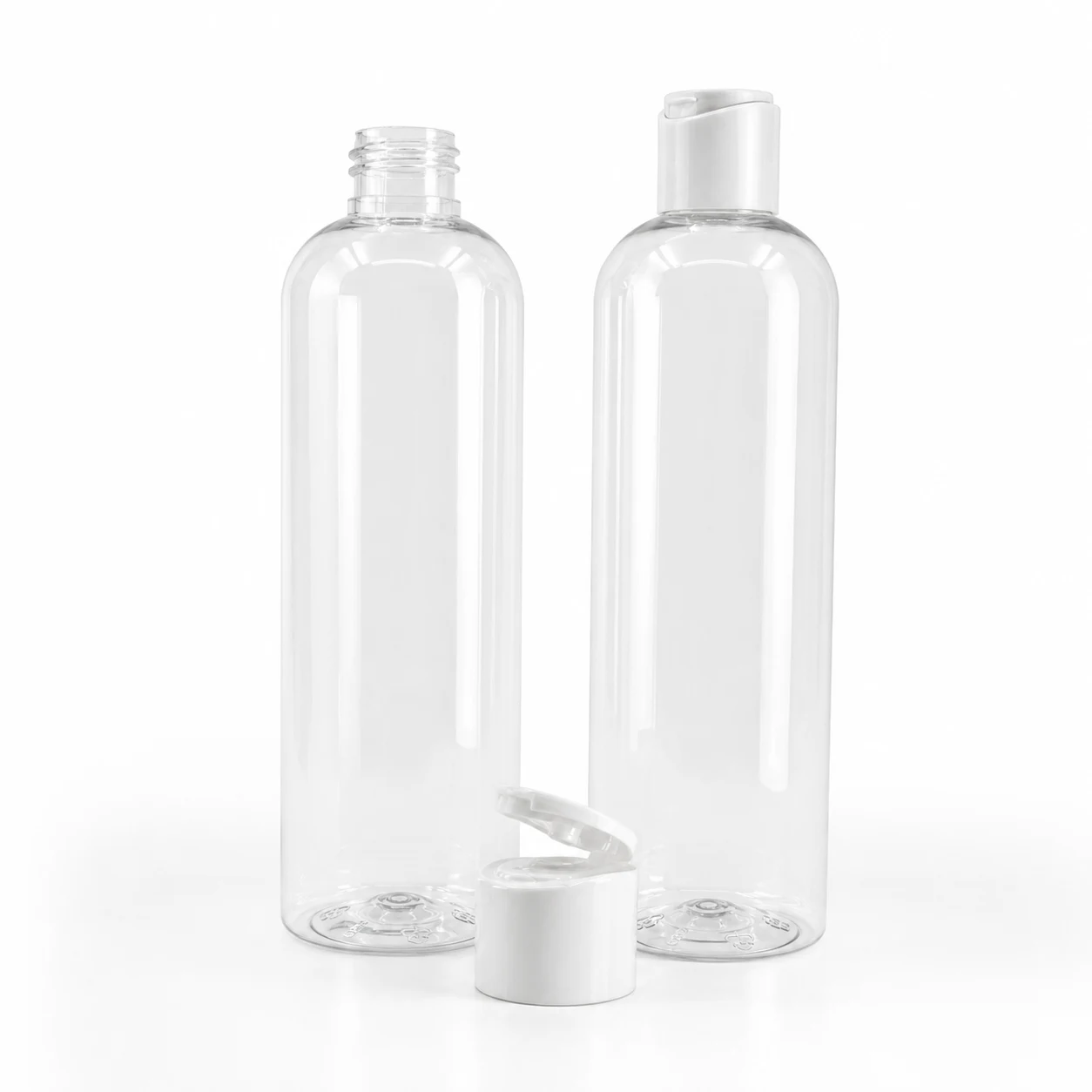 Transparente Kunststoffflasche, matter weißer Flip-Top-Verschluss, 250 ml