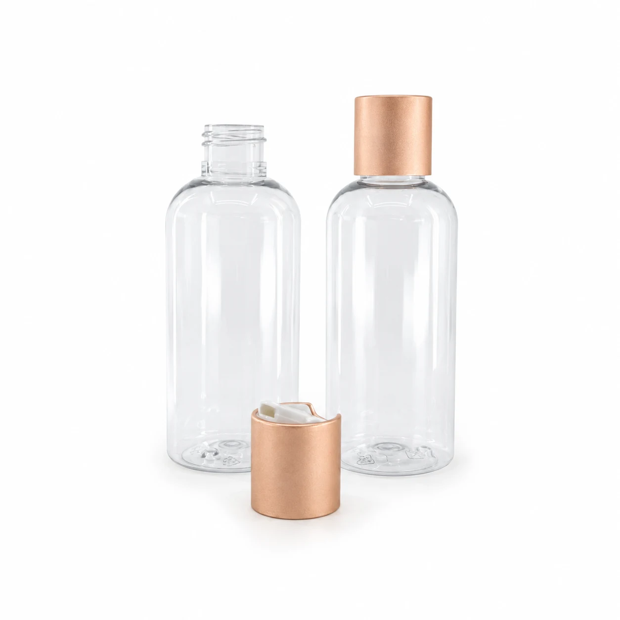 Klare Kunststoffflasche, Disc-Top-Verschluss aus weißem Kunststoff mit mattem Roségold-Aluminiumring, 250 ml