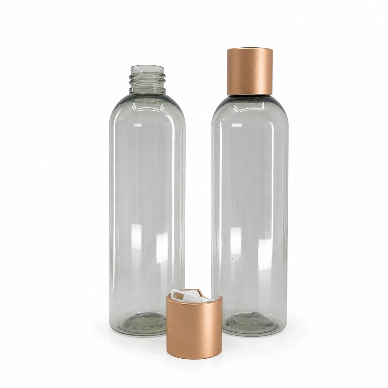 Plastová fľaša, recyklovaná, disc top vrchnák, ružovo-zlatý matný, 250 ml