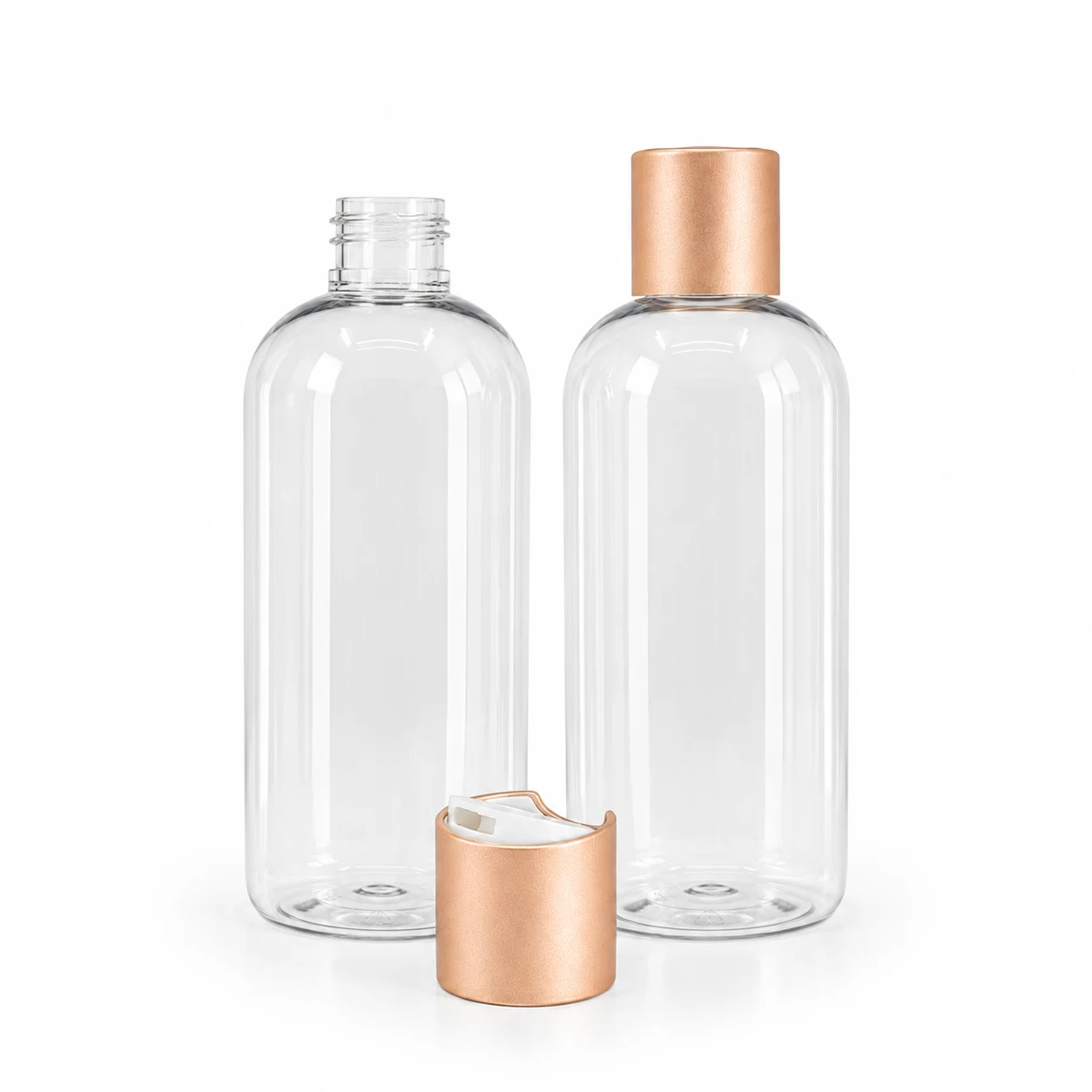 Runde Kunststoffflasche, transparent, weißer Kunststoff-Disc-Top-Verschluss mit matt roségoldenem Al