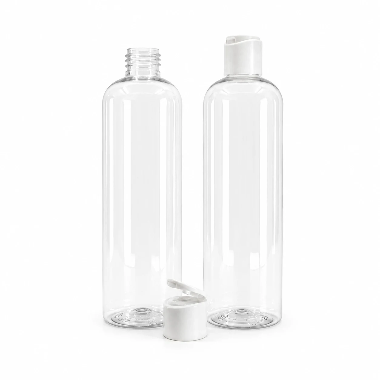 Kunststoffflasche, transparent, rund, matter weißer Flip-Top-Verschluss, 500 ml