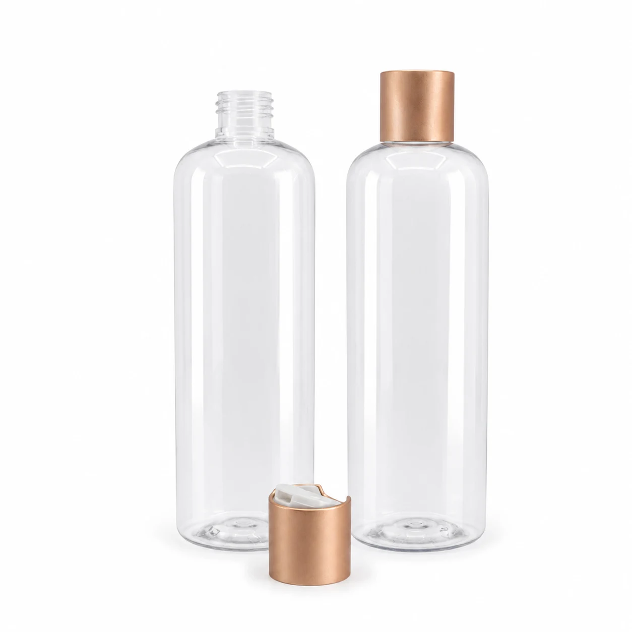 Plastová fľaša priehľadná okrúhla, disc top vrchnák, ružovo-zlatý matný, 500 ml