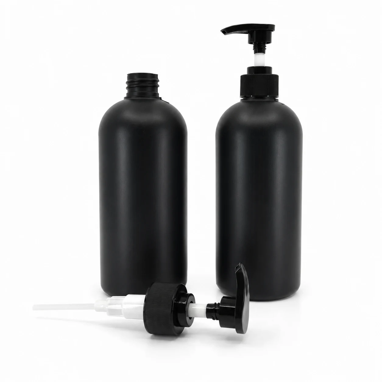 Plastová fľaška HDPE, čierna, čierny dávkovač, vrúbkovaná obruč, 500 ml