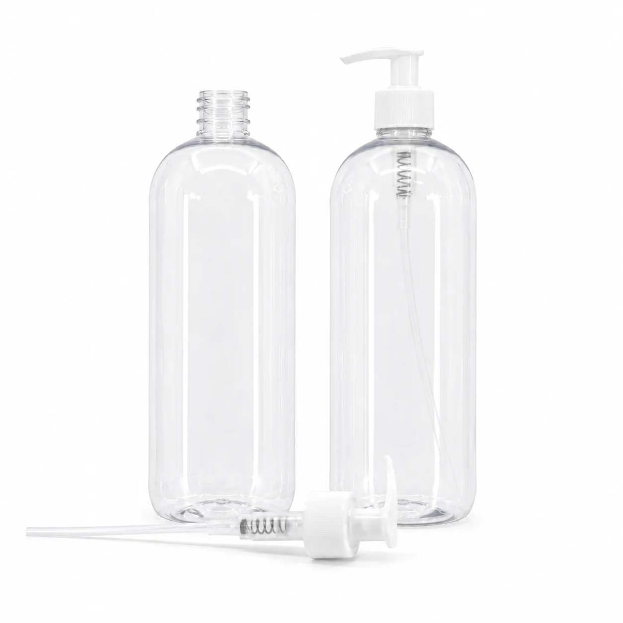 Plastová fľaša, priehľadná oblá, biela pumpička vrúbkovaná, 1000 ml