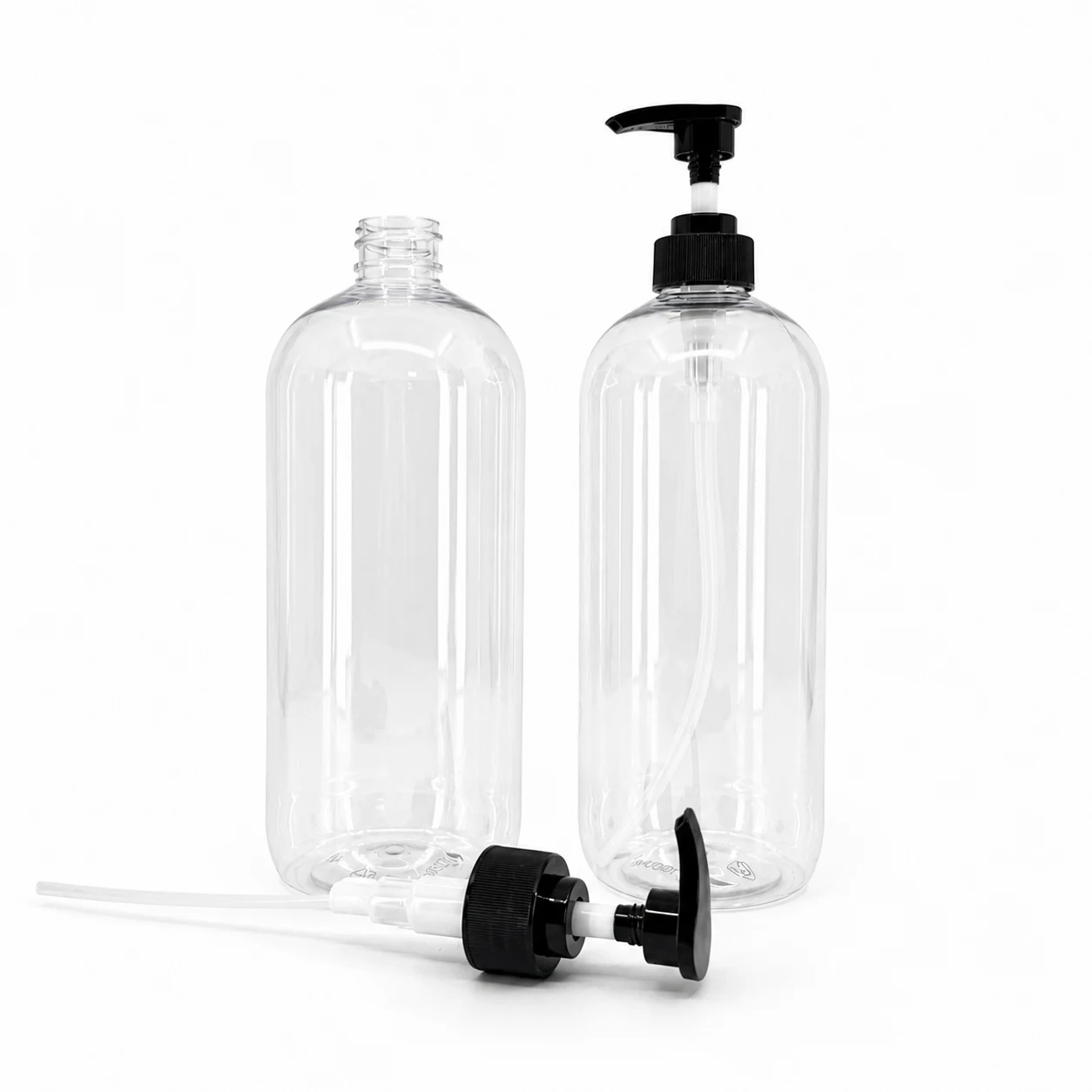 Plastová fľaša, priehľadná oblá, čierny vrúbkovaný dávkovač, 1000 ml