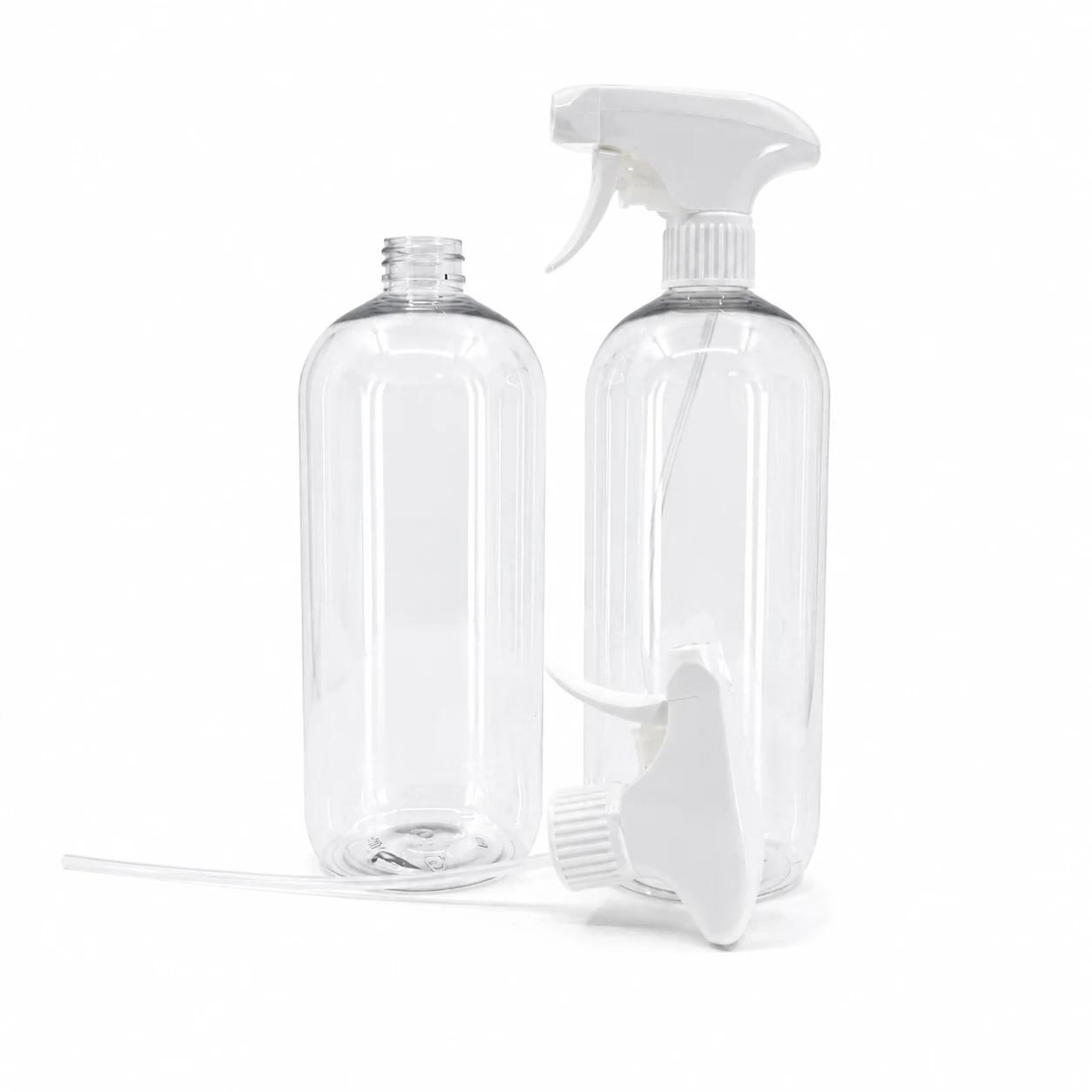 Kunststoffflasche, transparent rund, weißer Triggersprüher, 1000 ml