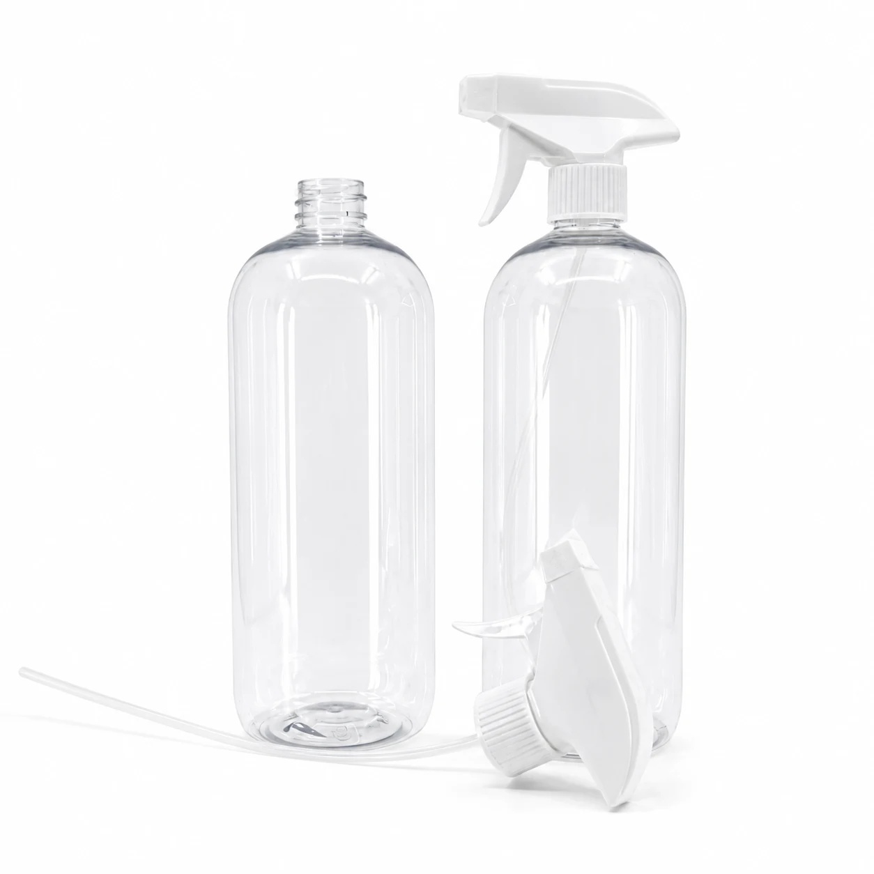 Kunststoffflasche, transparent rund, weißer Sprühzerstäuber, 1000 ml