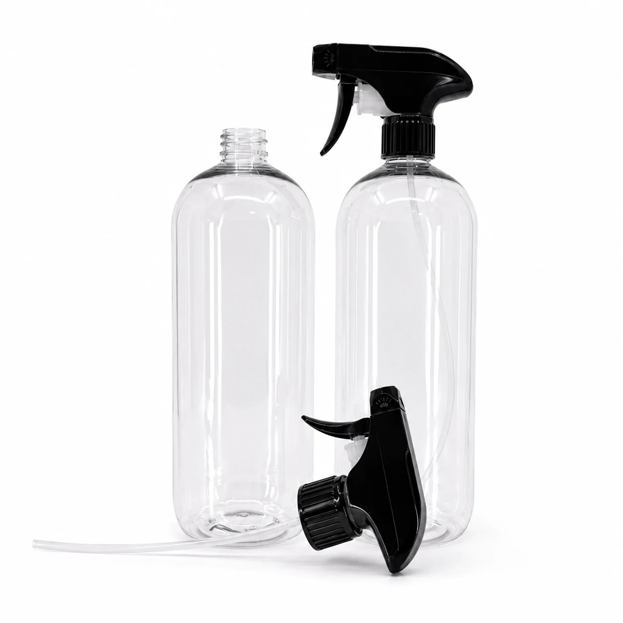 Runde transparente Kunststoffflasche, schwarzer Triggersprüher, 1000 ml