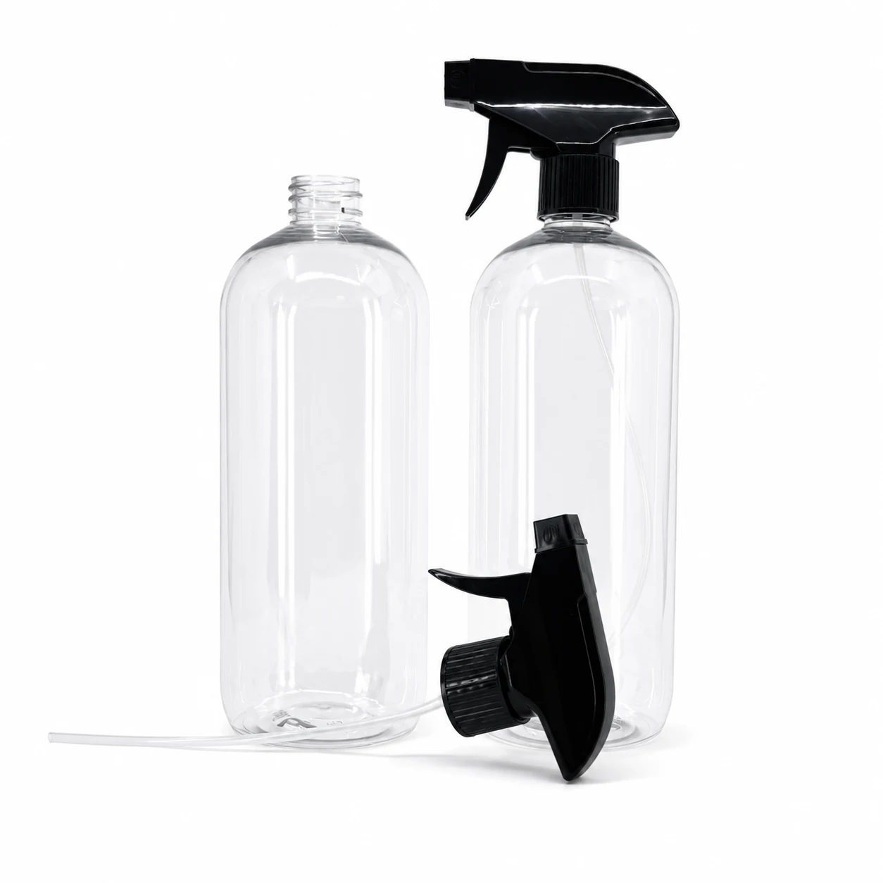 Runde transparente Kunststoffflasche, schwarzer Triggersprüher, 1000 ml