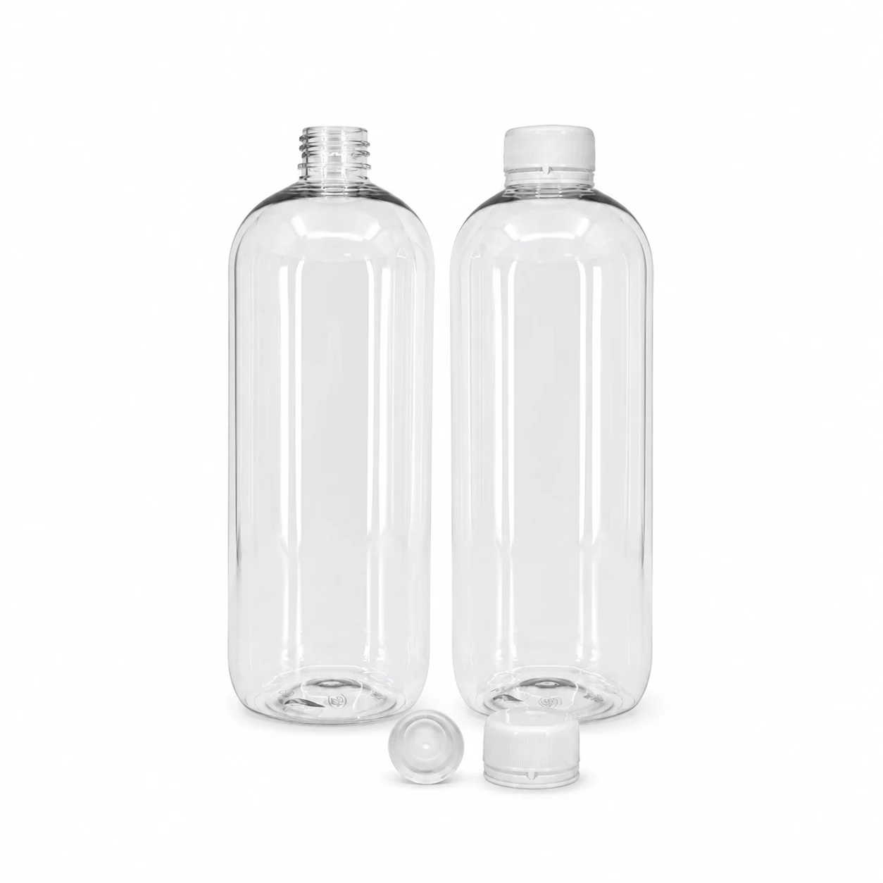 Bouteille en plastique arrondie transparente, bouchon inviolable blanc rainuré avec pipette, 1000 ml