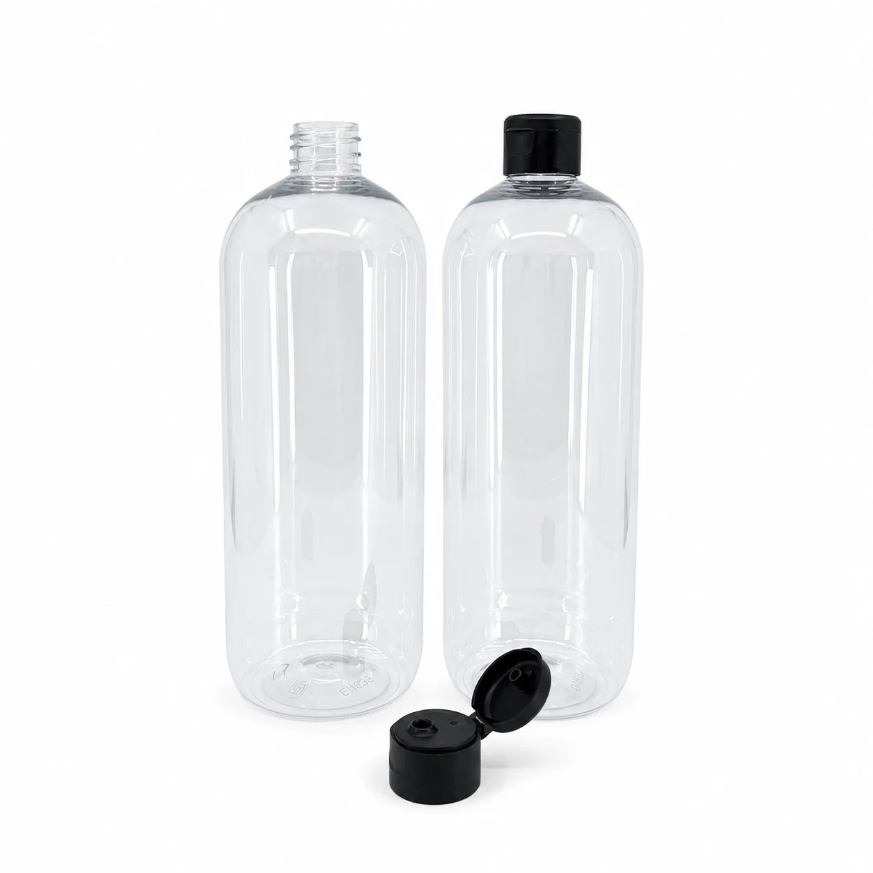 Plastová fľaša, priehľadná oblá, matný čierny flip-top, 28/410, 1000 ml