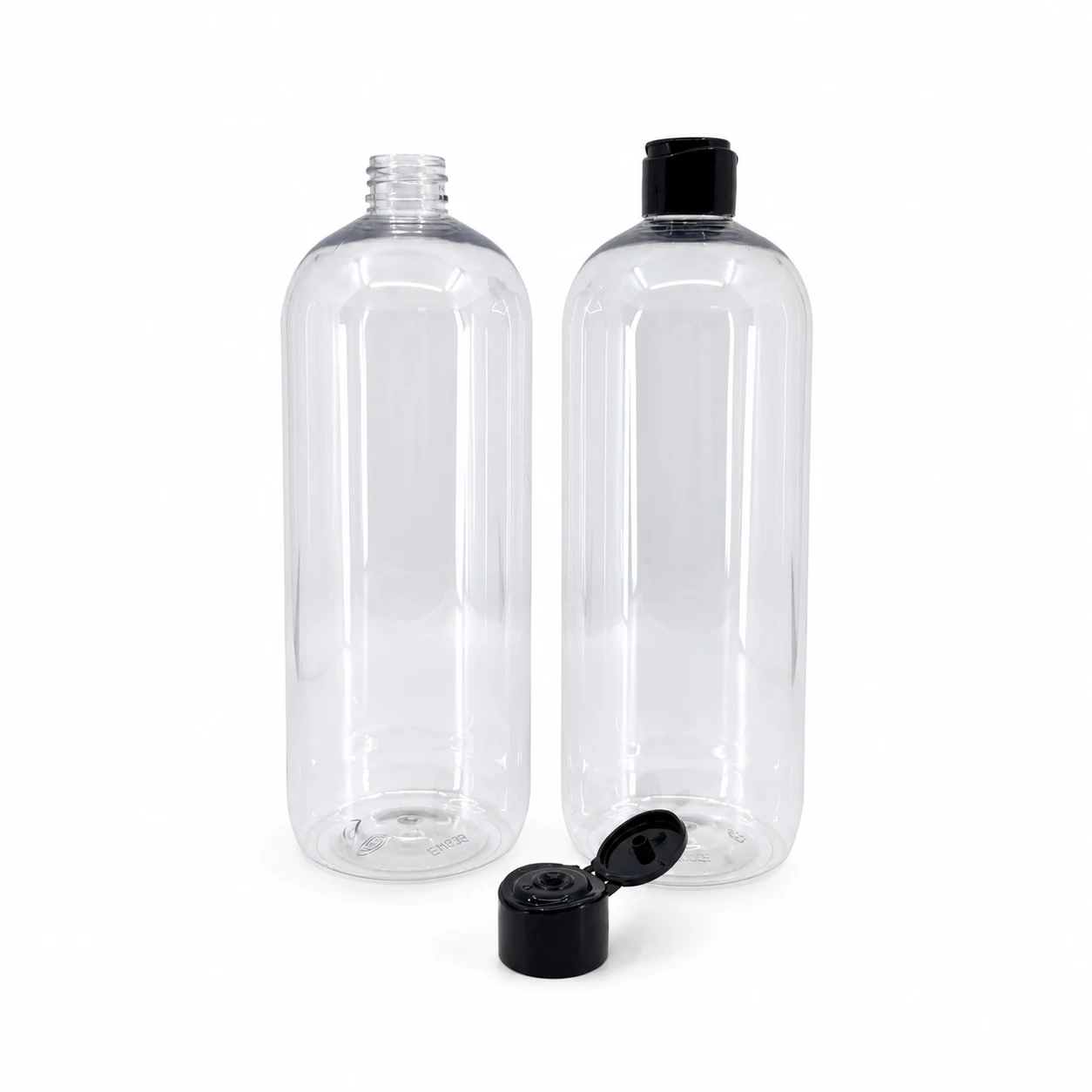Plastová fľaša, priehľadná oblá, čierny flip top tvarovaný, 28/410, 1000 ml