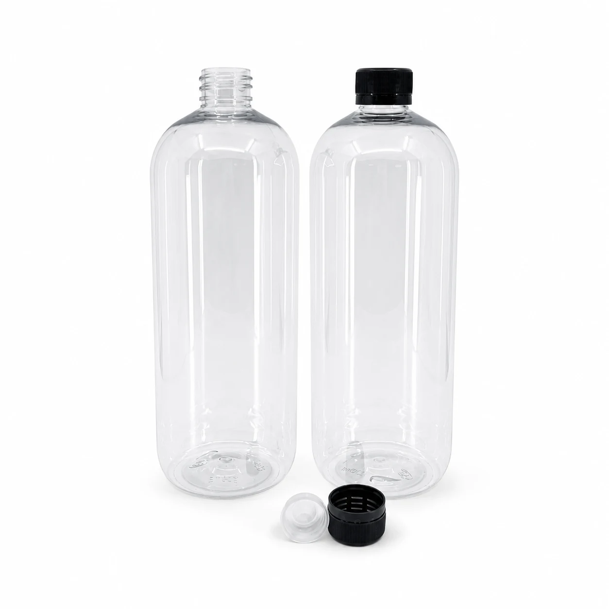 Flacon plastique rond transparent, bouchon et compte-gouttes noirs, 1000 ml