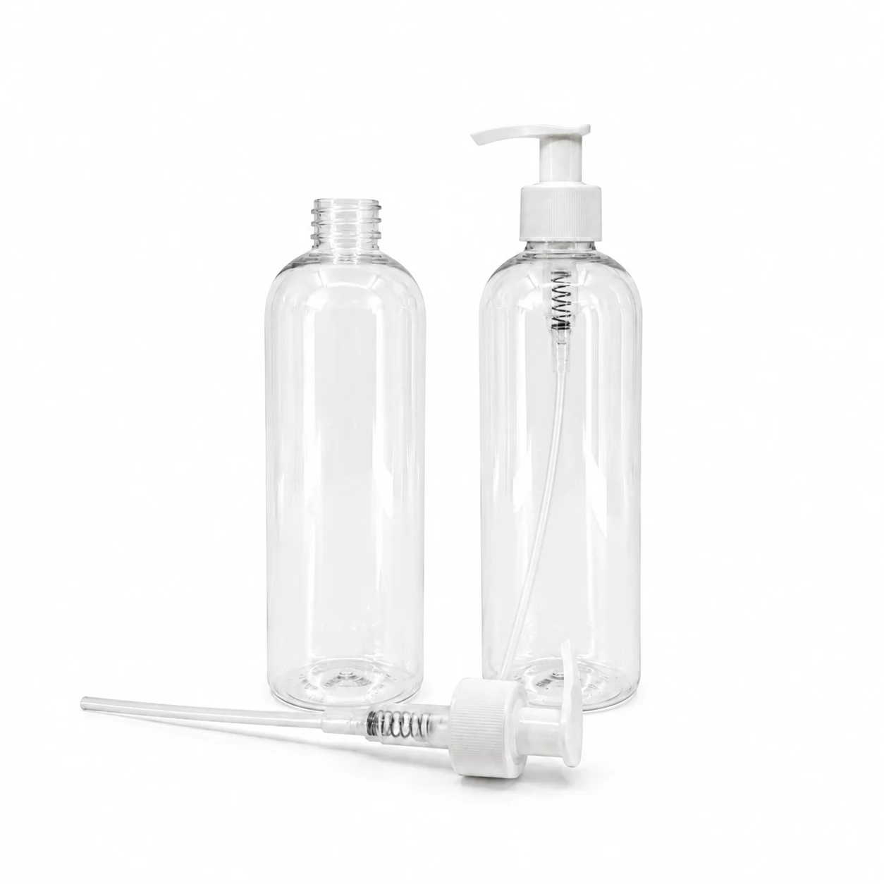 Plastová fľaša, priehľadná oblá, biela pumpička vrúbkovaná, 28/410, 500 ml