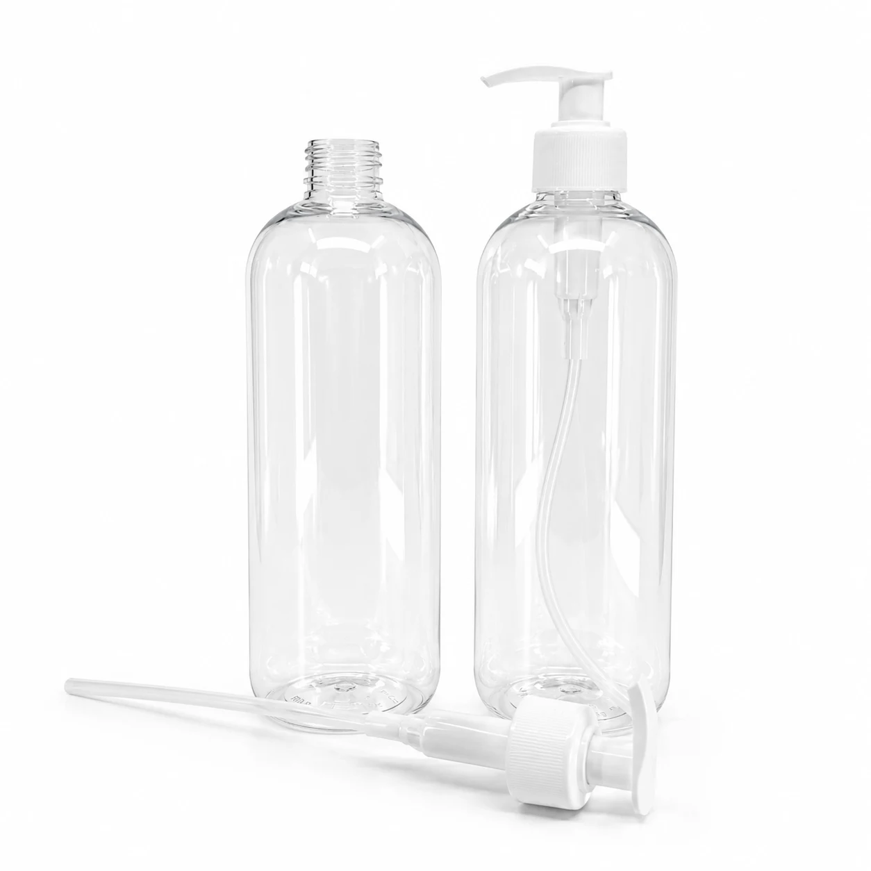 Plastová fľaša, priehľadná oblá, biely dávkovač, 28/410, 500 ml