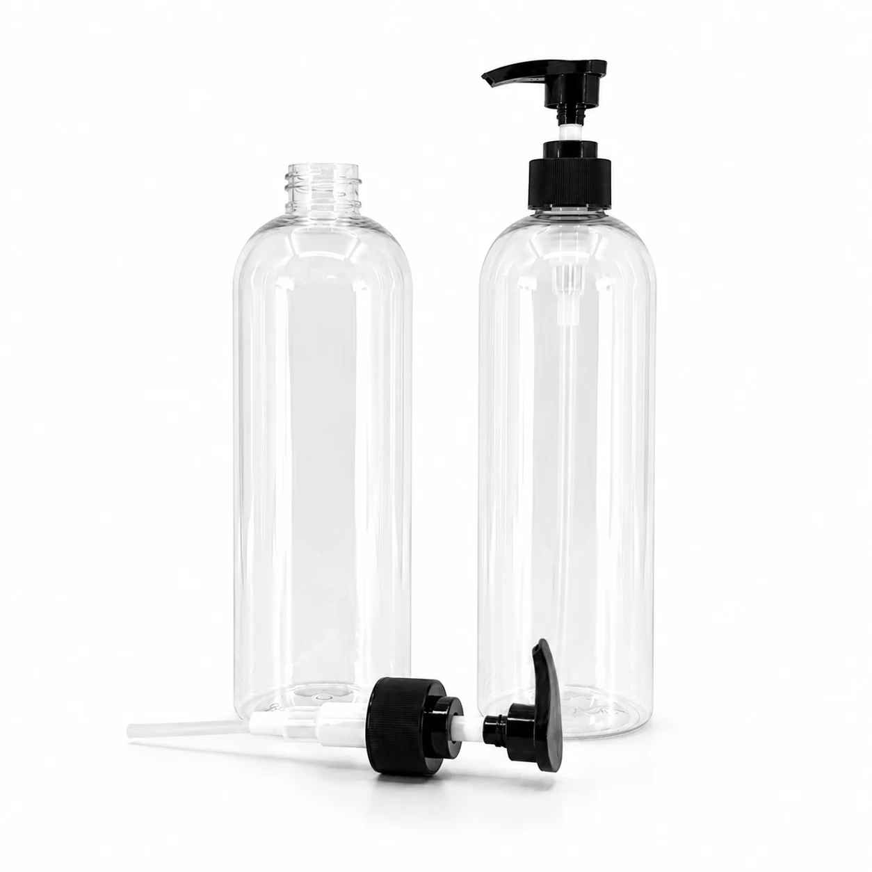 Plastová fľaša, priehľadná oblá, čierny vrúbkovaný dávkovač, 28/410, 500 ml