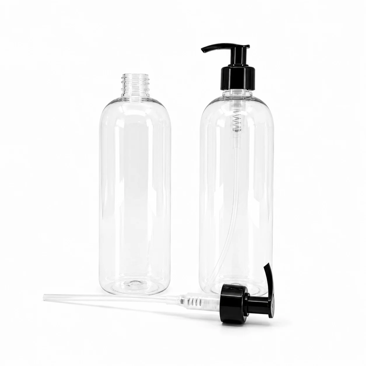 Plastová fľaša, priehľadná oblá, čierny dávkovač, 28/410, 500 ml