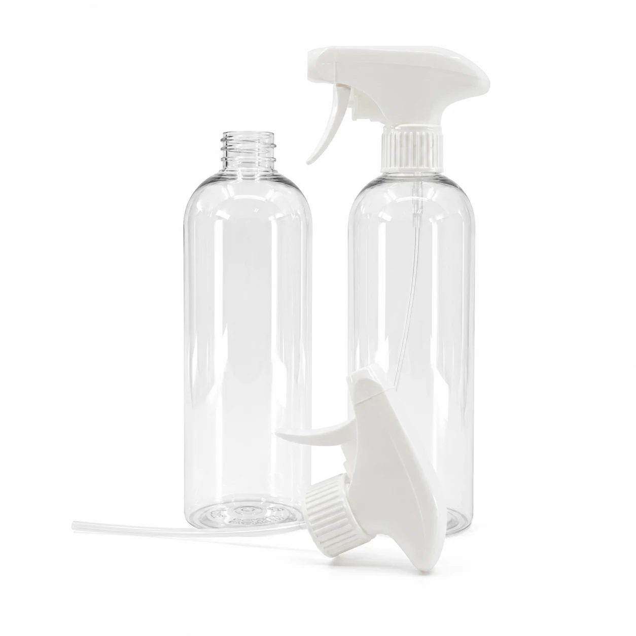 Kunststoffflasche, transparent rund, weißer Triggersprüher, 28/410, 500 ml