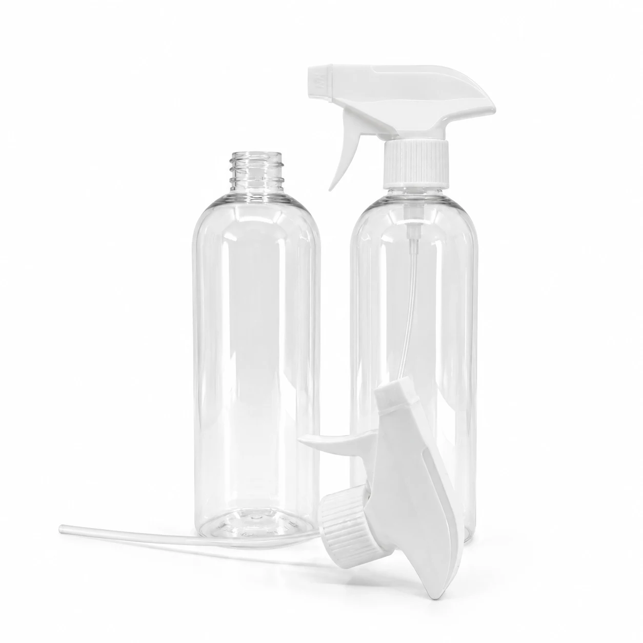 Kunststoffflasche, transparent rund, weißer Sprühzerstäuber, 28/410, 500 ml