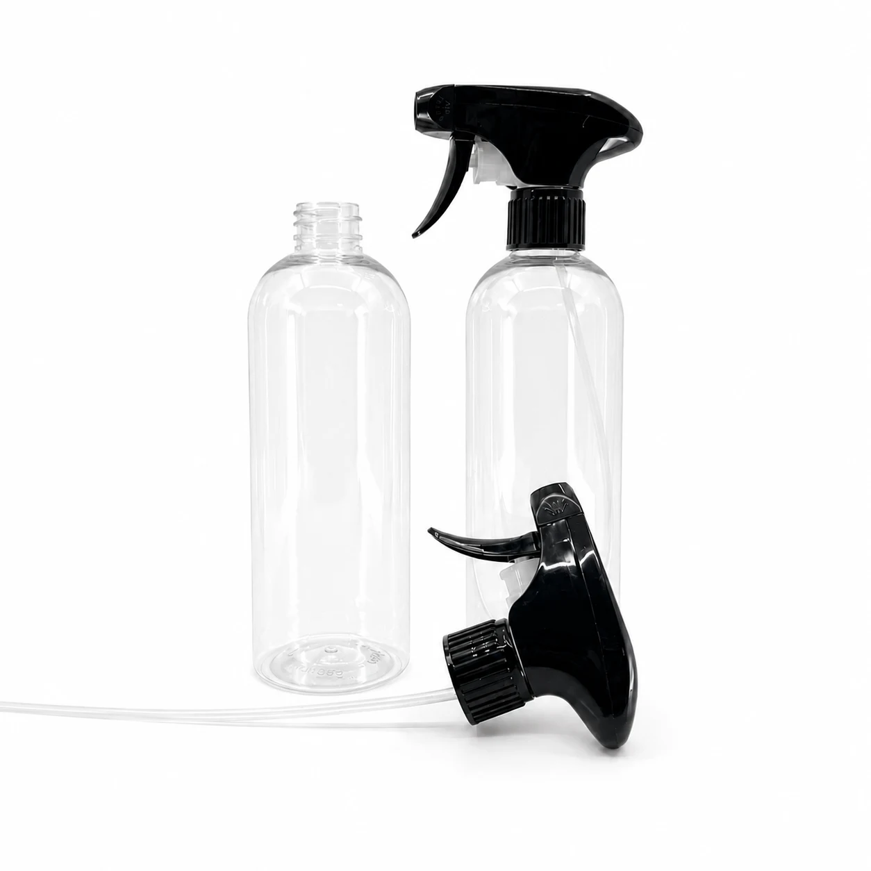 Kunststoffflasche, transparent rund, schwarzer Triggersprüher, 28/410, 500 ml