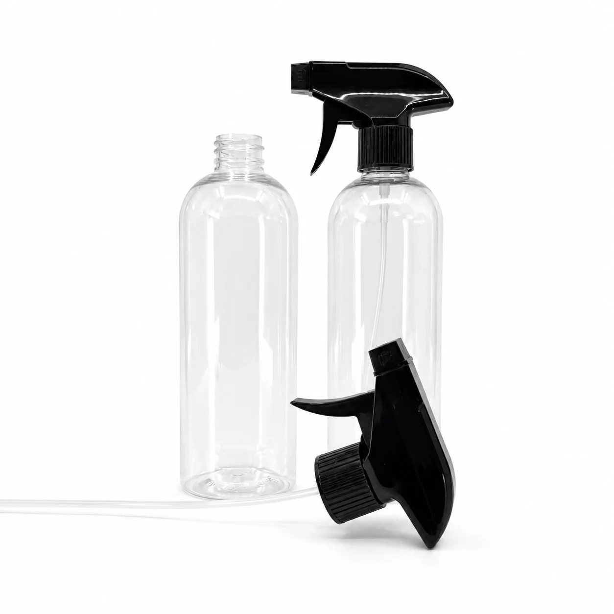 Kunststoffflasche, transparent rund, schwarzer Sprühzerstäuber, 28/410, 500 ml