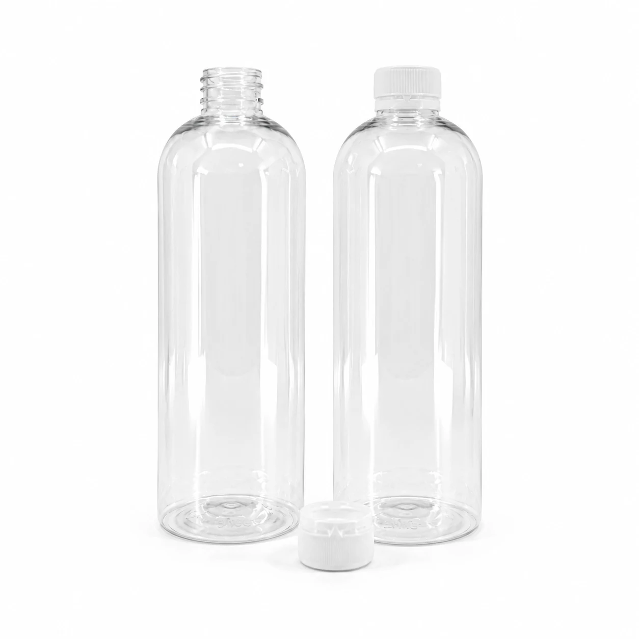 Plastová fľaša, priehľadná oblá, vrchnák biely šróbovací, 28/410, 500 ml