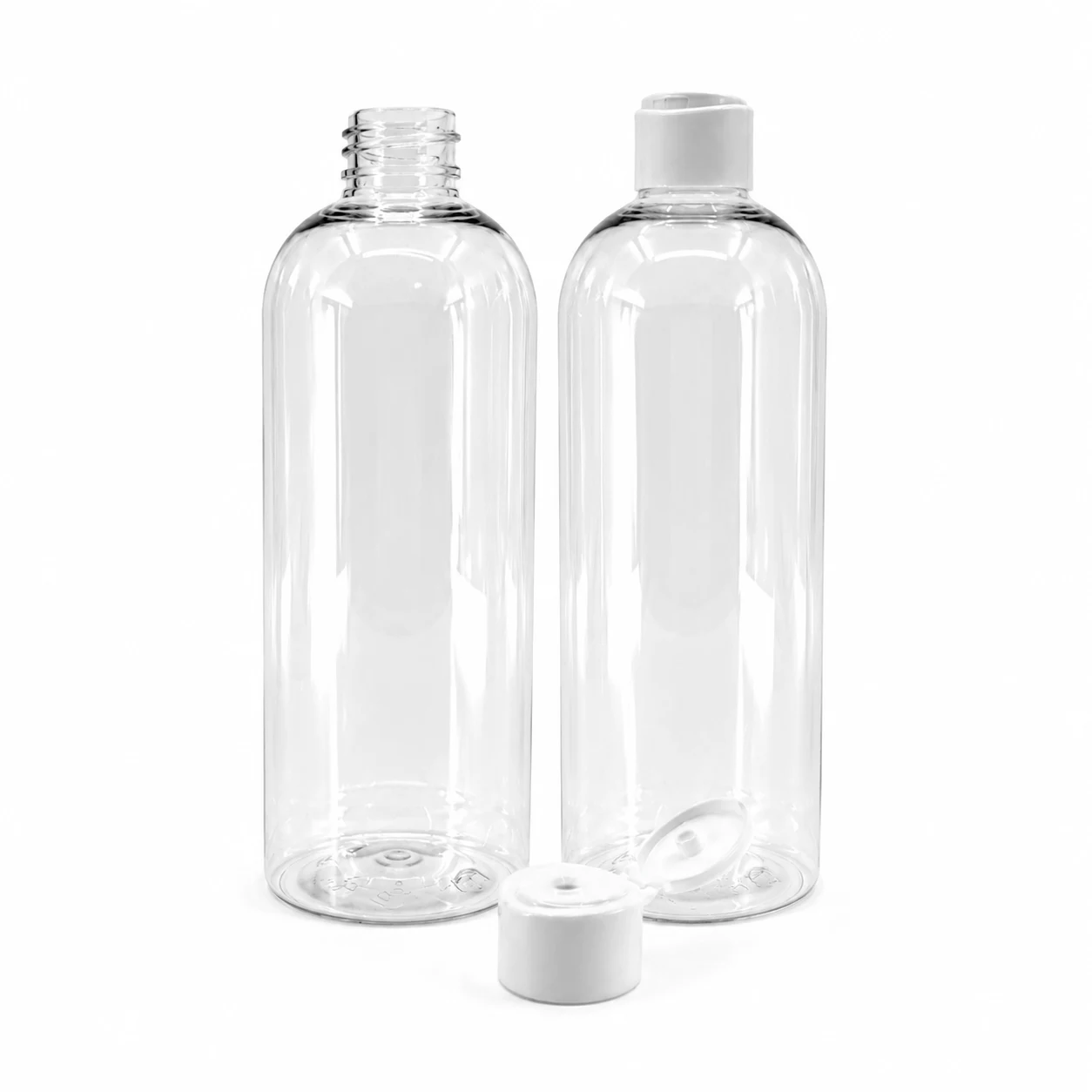 Plastová fľaša, priehľadná oblá, biely flip top tvarovaný, 28/410, 500 ml