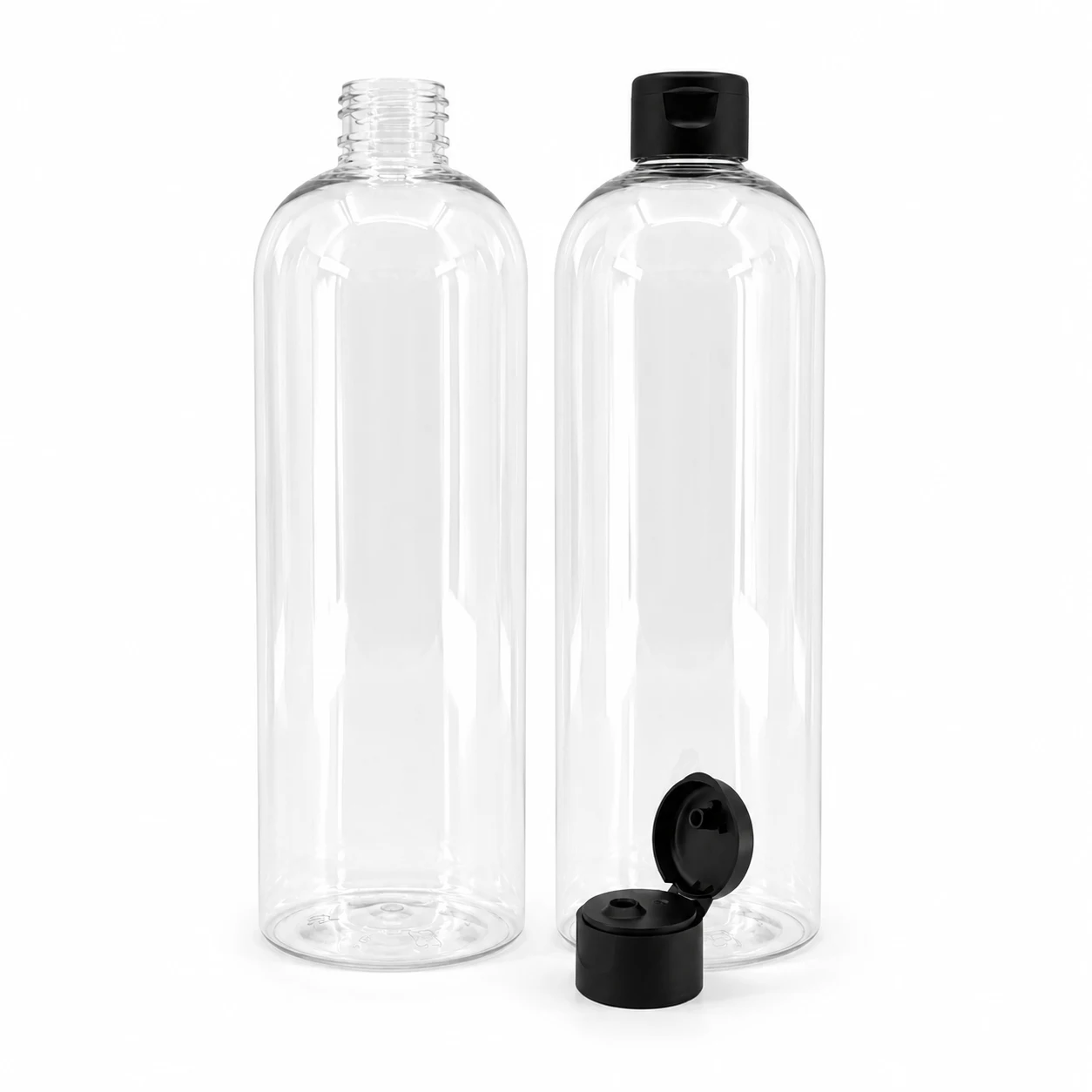 Plastová fľaša, priehľadná oblá, matný čierny flip-top, 28/410, 500 ml