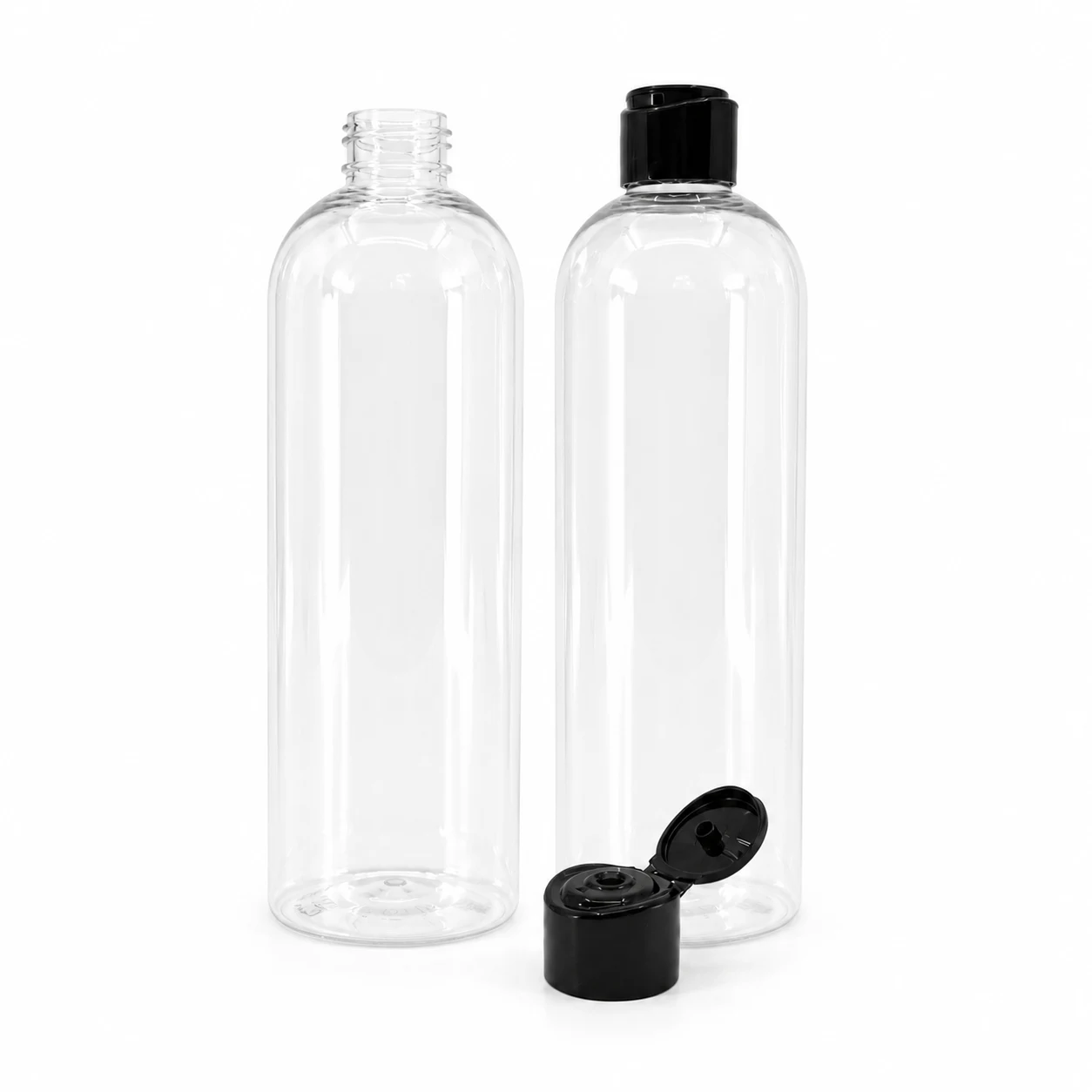 Plastová fľaša, priehľadná oblá, čierny flip top tvarovaný, 28/410, 500 ml