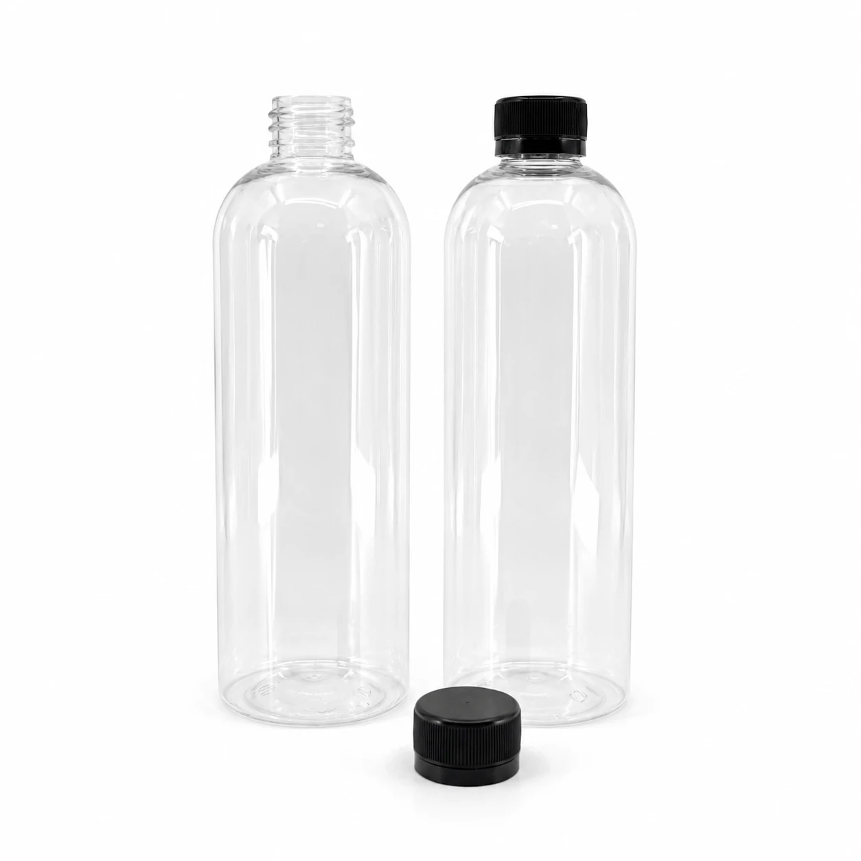 Plastová fľaša, priehľadná oblá, čierny vrchnák, 28/410, 500 ml