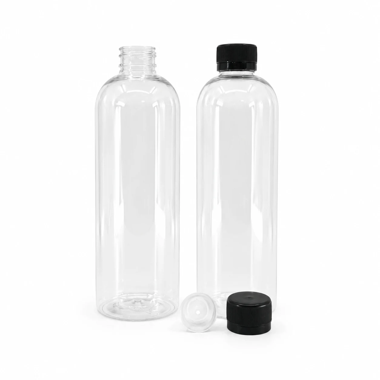 Flacon en plastique, rond transparent, bouchon noir et compte-gouttes, 28/410, 500 ml