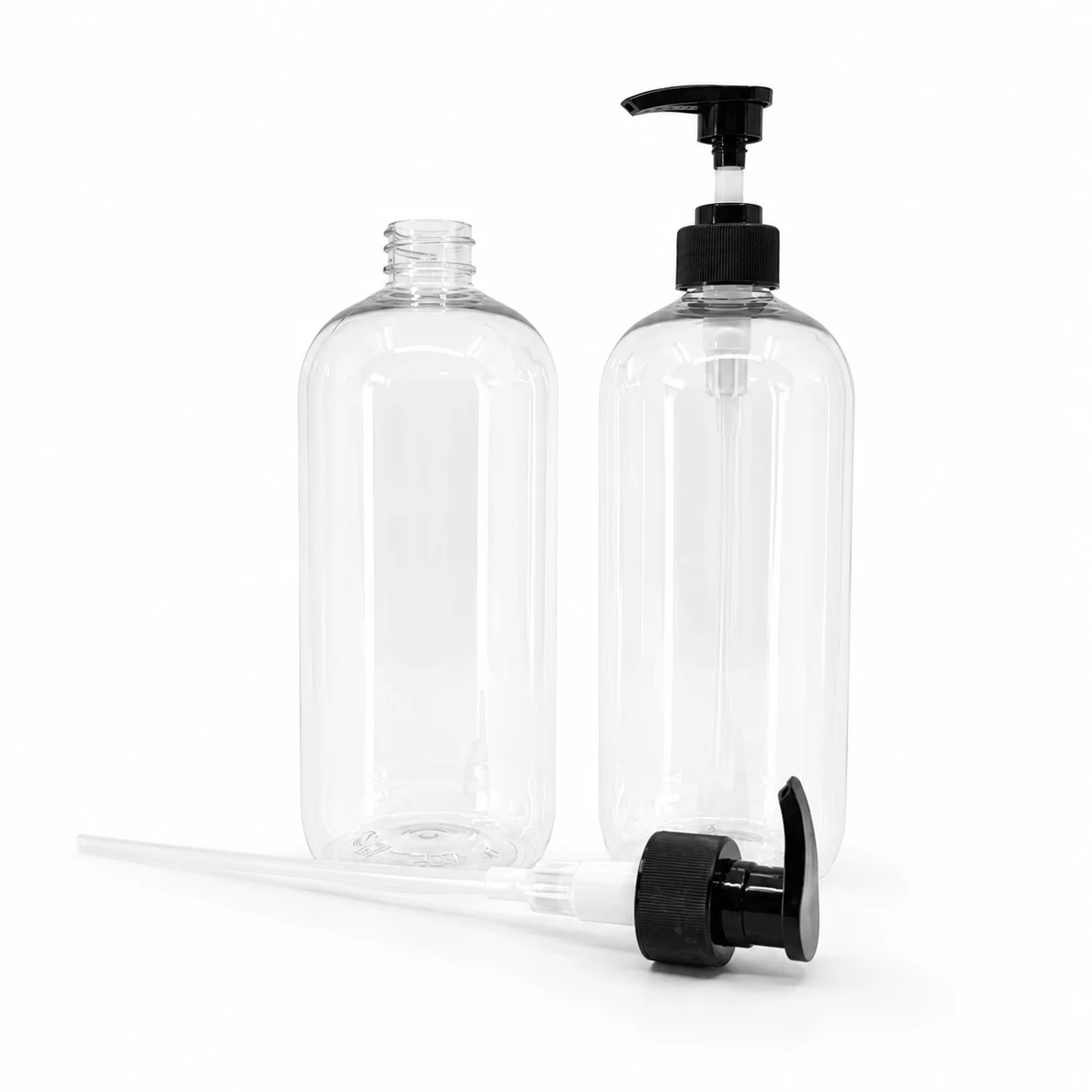 Plastová fľaša, priehľadná oblá, čierny vrúbkovaný dávkovač, 750 ml