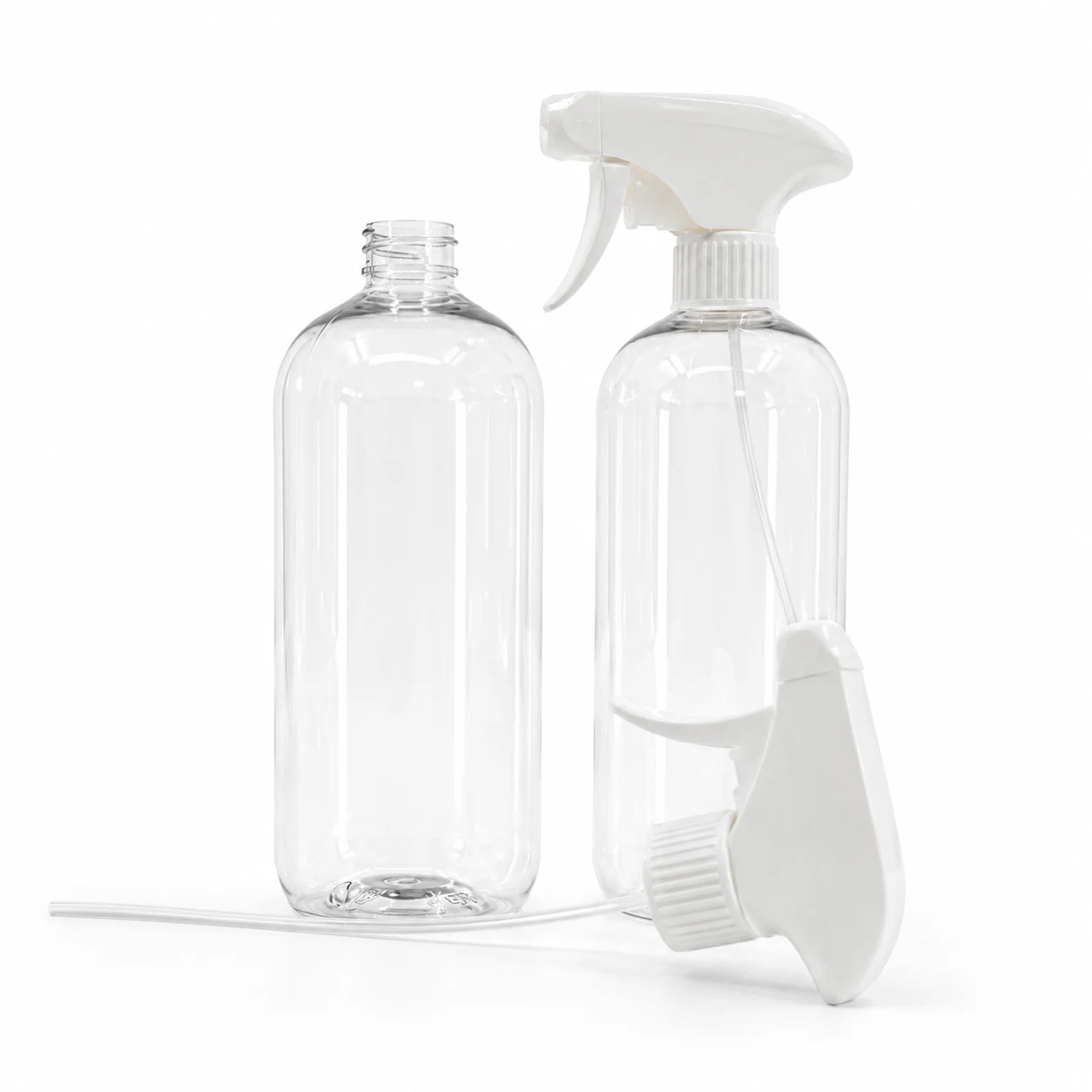 Kunststoffflasche, klar rund, weißer Triggersprüher, 750 ml